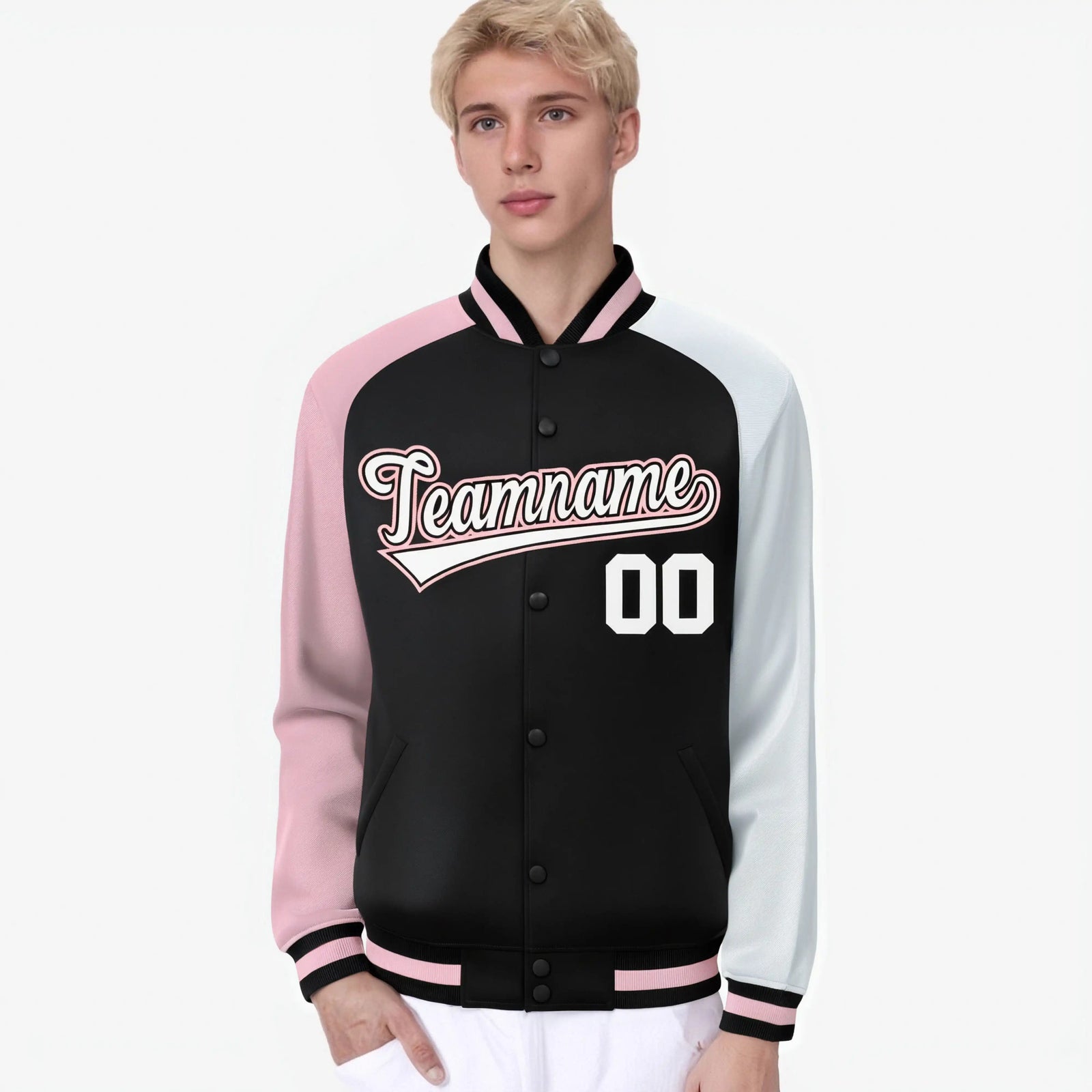 Custom Black White-Pink Raglan Sleeves Varsity Full-Snap Letterman Jacket