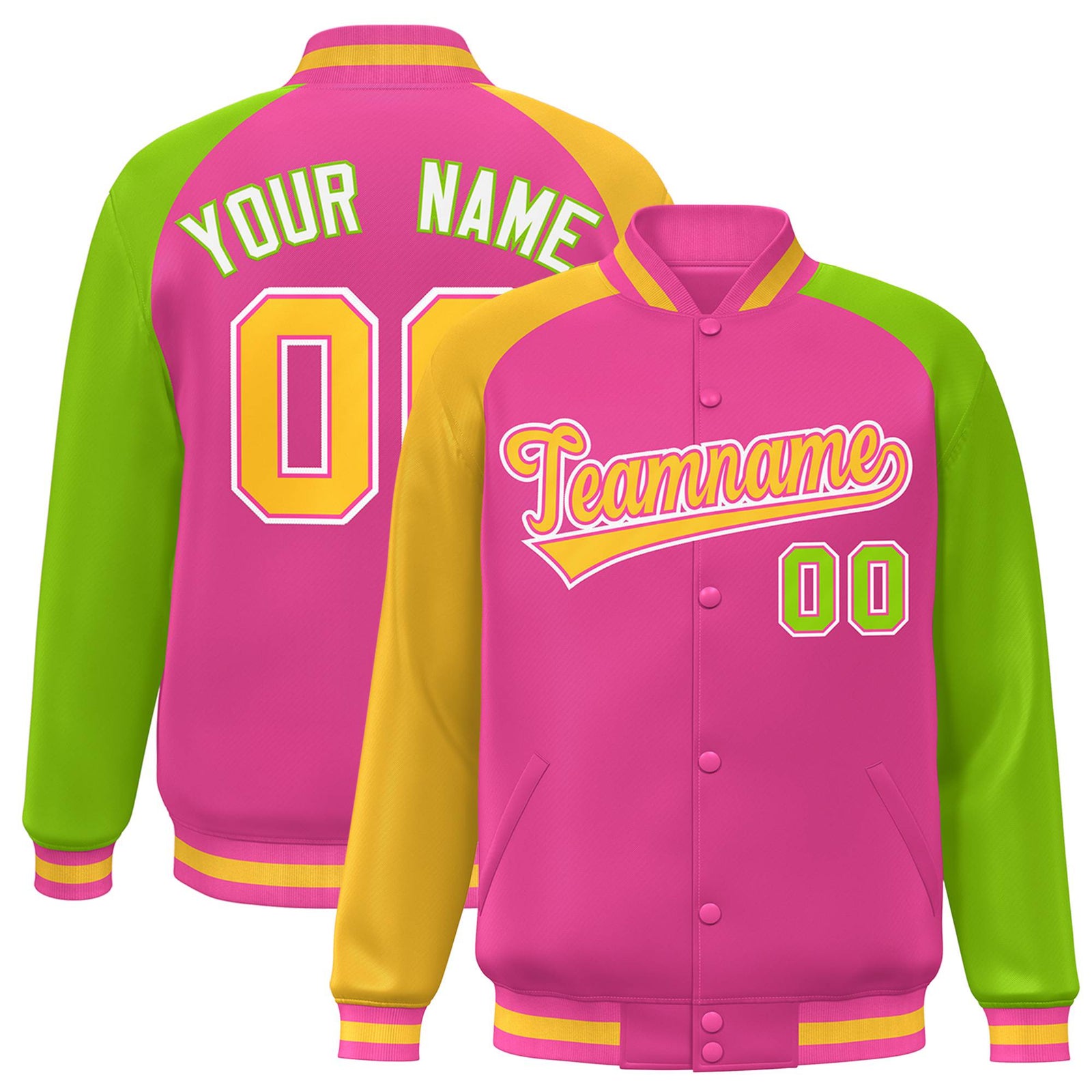 Custom Pink Neon Green-Gold Raglan Sleeves Varsity Full-Snap Letterman Jacket