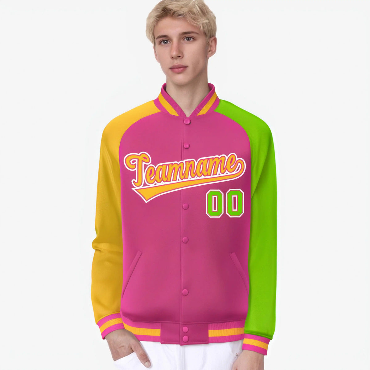 Custom Pink Neon Green-Gold Raglan Sleeves Varsity Full-Snap Letterman Jacket