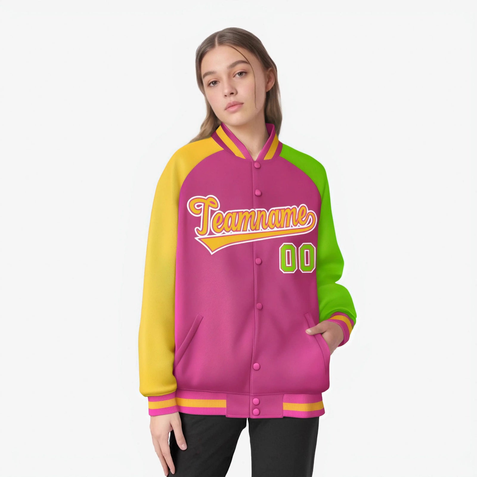 Custom Pink Neon Green-Gold Raglan Sleeves Varsity Full-Snap Letterman Jacket