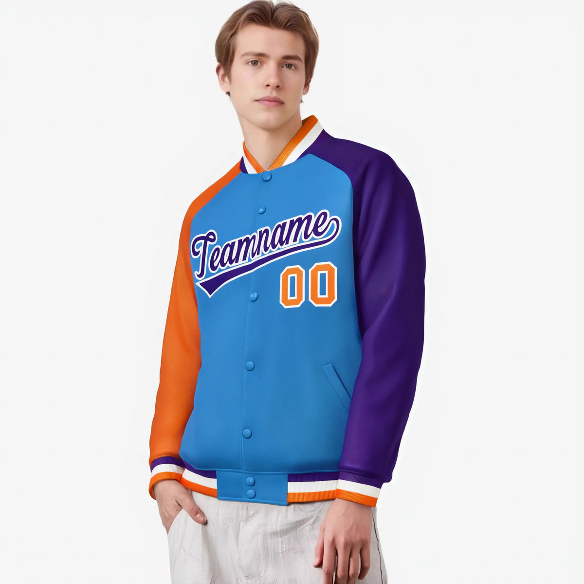 Custom Powder Blue Purple-Orange Raglan Sleeves Varsity Full-Snap Letterman Jacket
