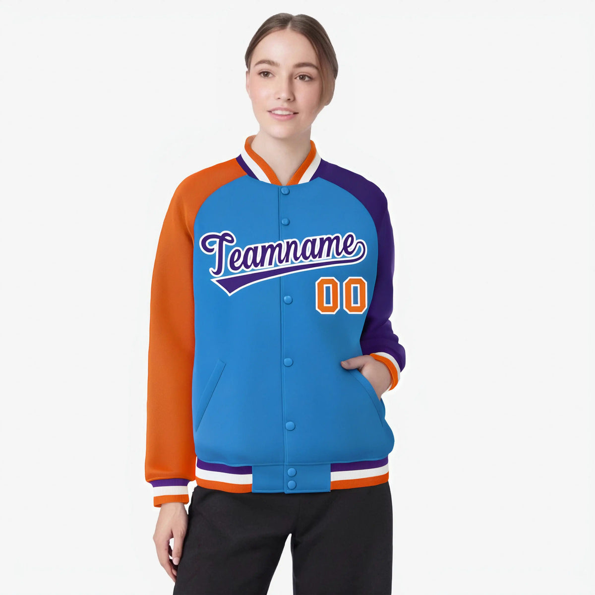 Custom Powder Blue Purple-Orange Raglan Sleeves Varsity Full-Snap Letterman Jacket