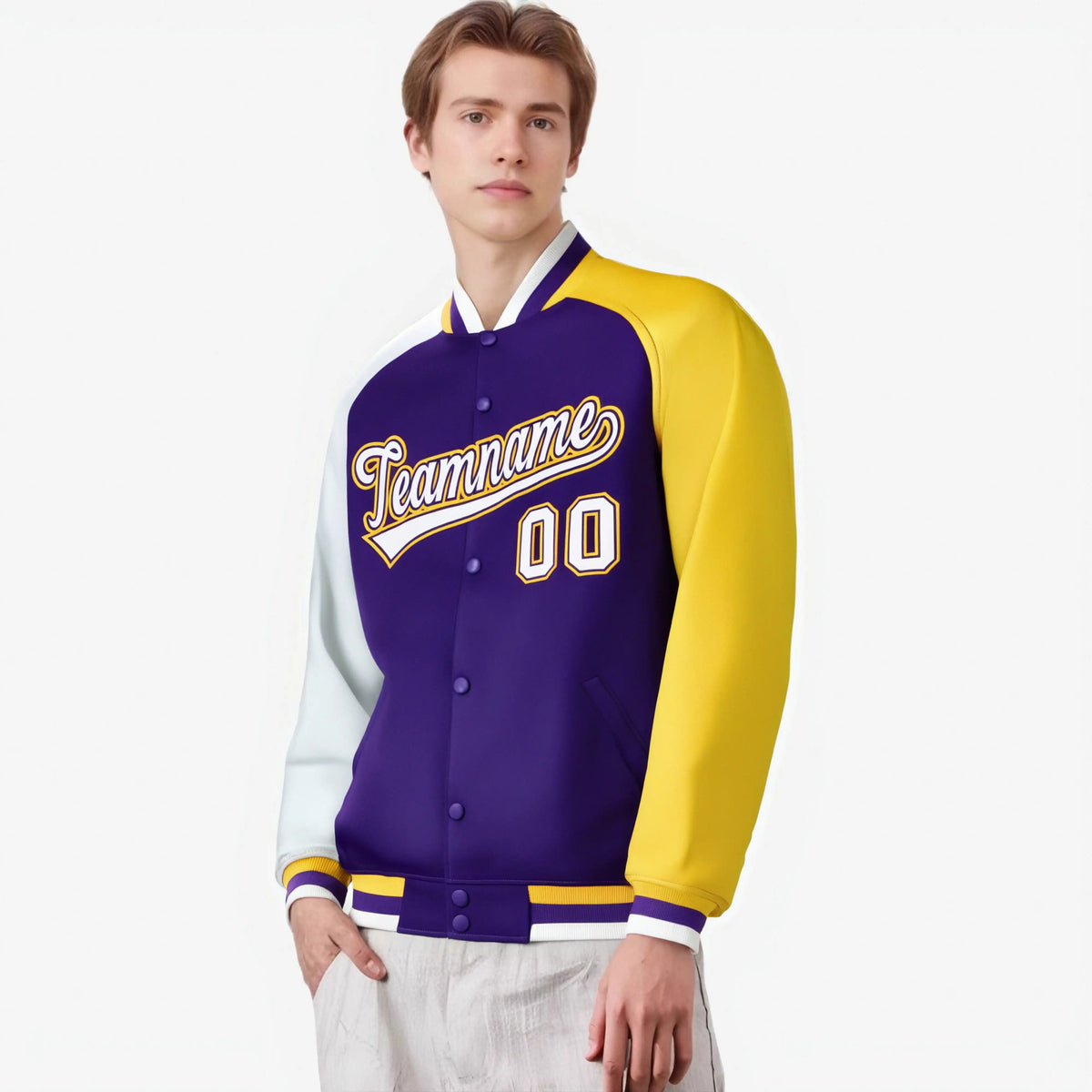 Custom Purple Gold-White Raglan Sleeves Varsity Full-Snap Letterman Jacket