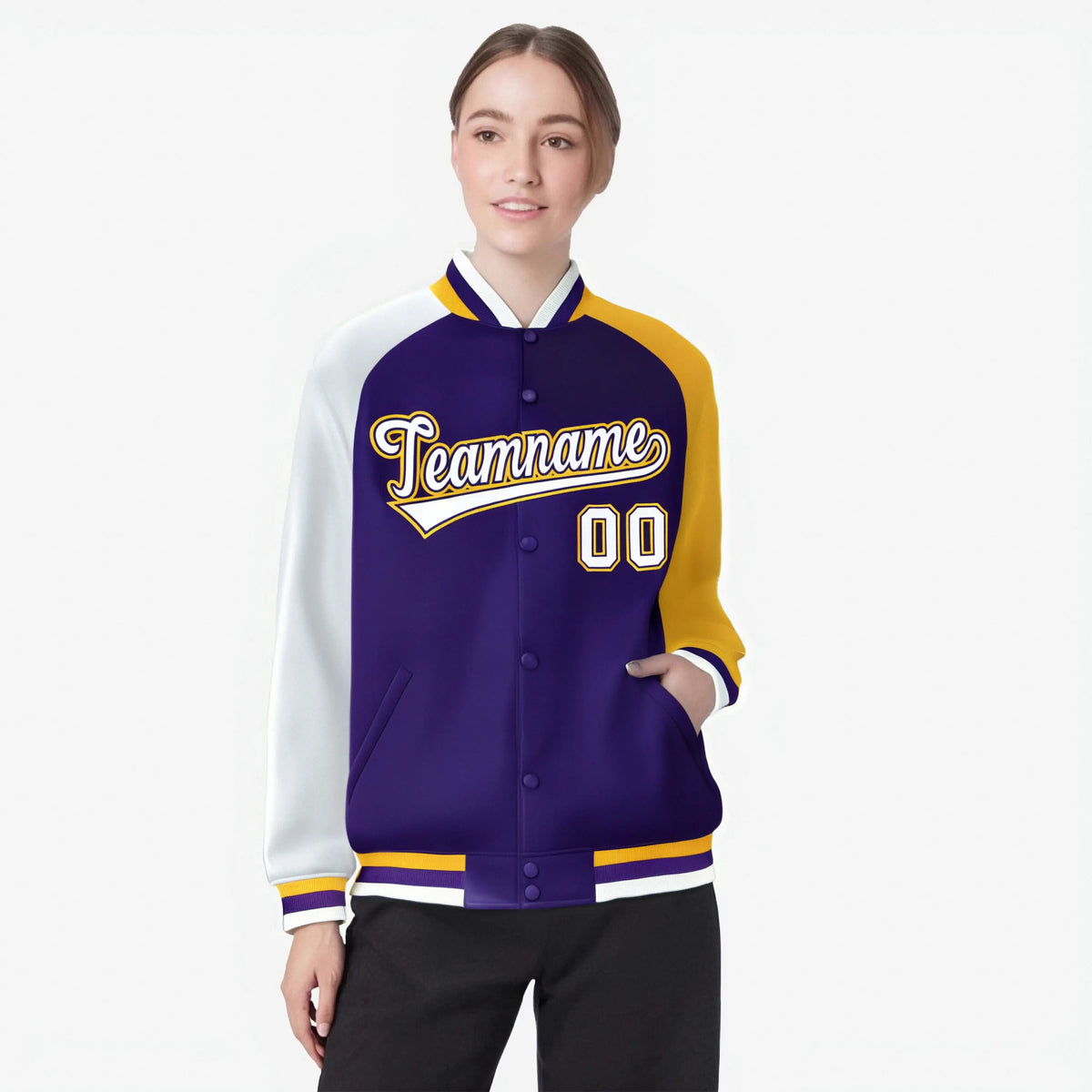 Custom Purple Gold-White Raglan Sleeves Varsity Full-Snap Letterman Jacket