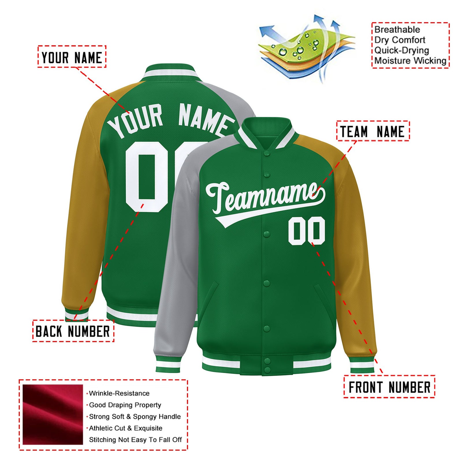 Custom Kelly Green Old Gold-Gray Raglan Sleeves Varsity Full-Snap Letterman Jacket