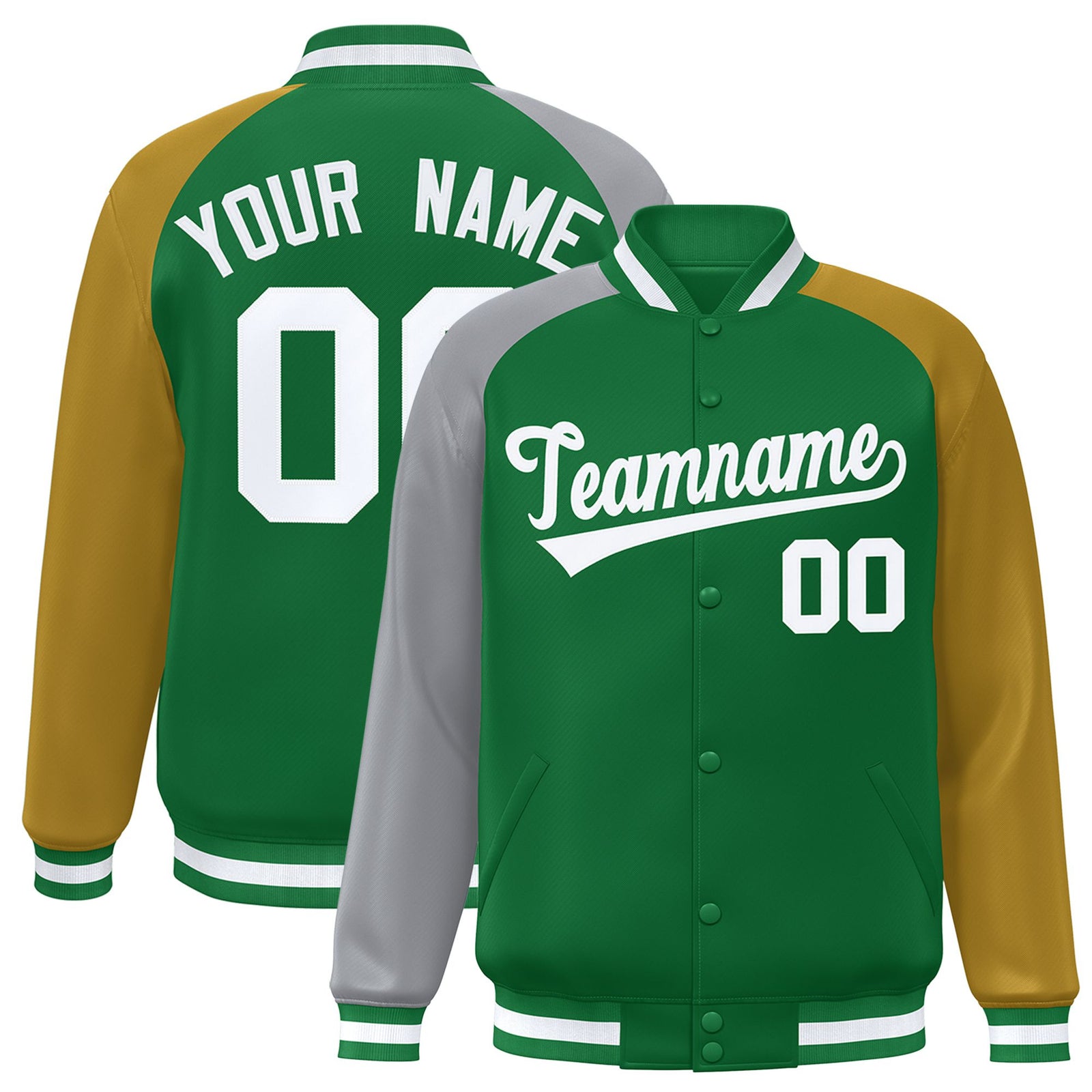 Custom Kelly Green Old Gold-Gray Raglan Sleeves Varsity Full-Snap Letterman Jacket