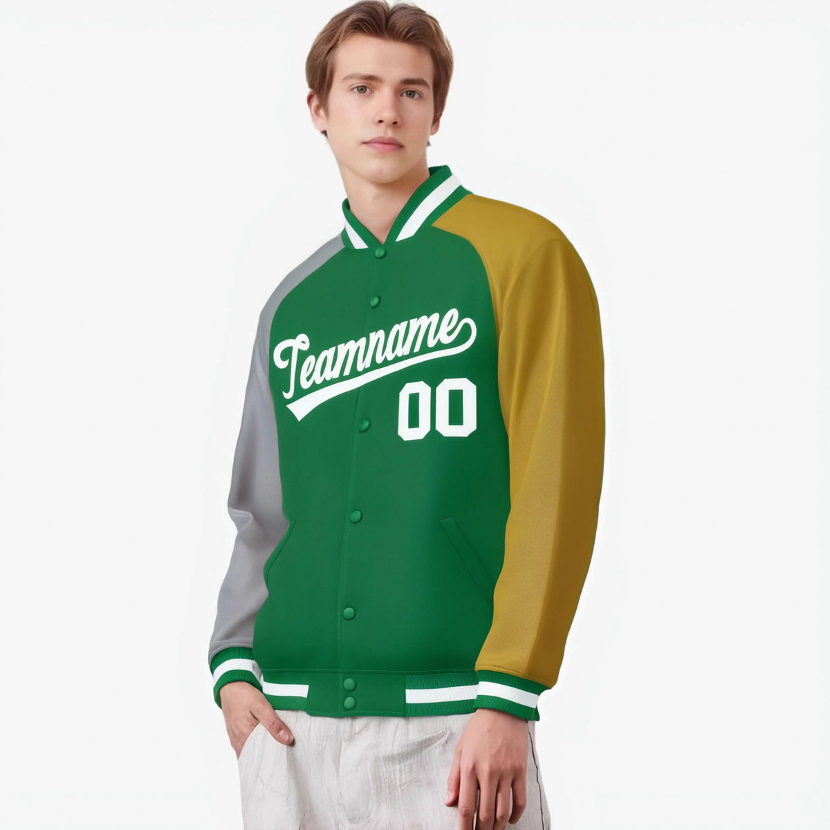 Custom Kelly Green Old Gold-Gray Raglan Sleeves Varsity Full-Snap Letterman Jacket