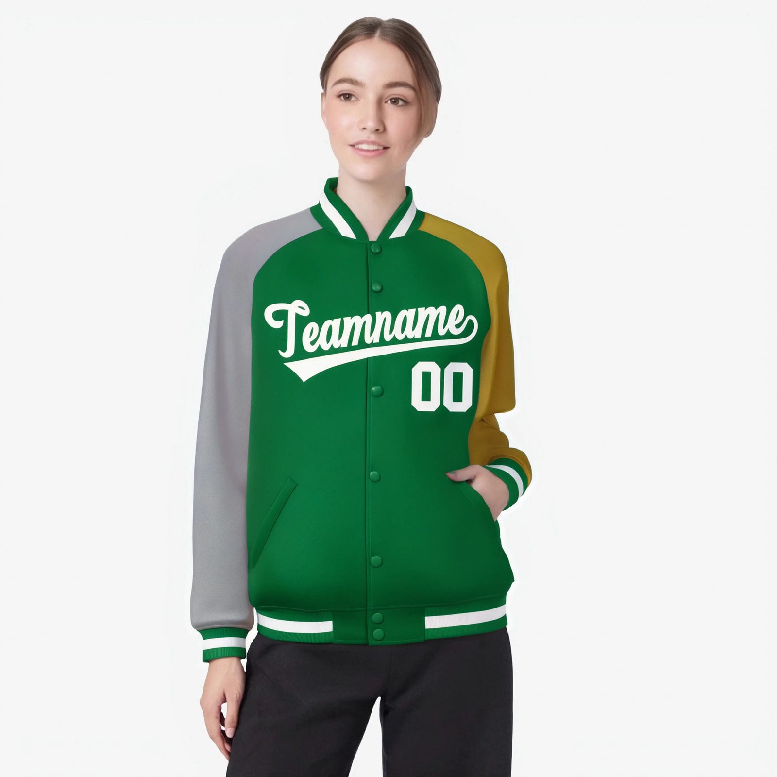 Custom Kelly Green Old Gold-Gray Raglan Sleeves Varsity Full-Snap Letterman Jacket