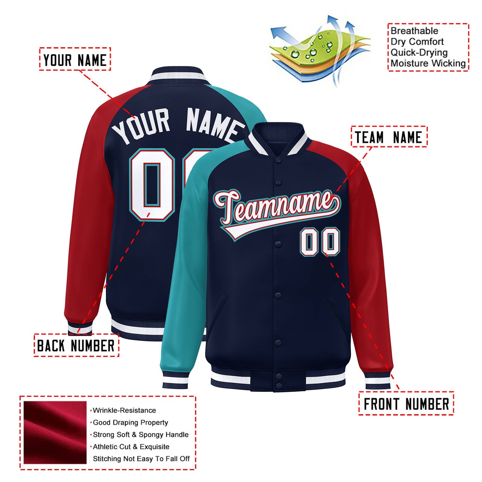 Custom Navy Red-Aqua Raglan Sleeves Varsity Full-Snap Letterman Jacket