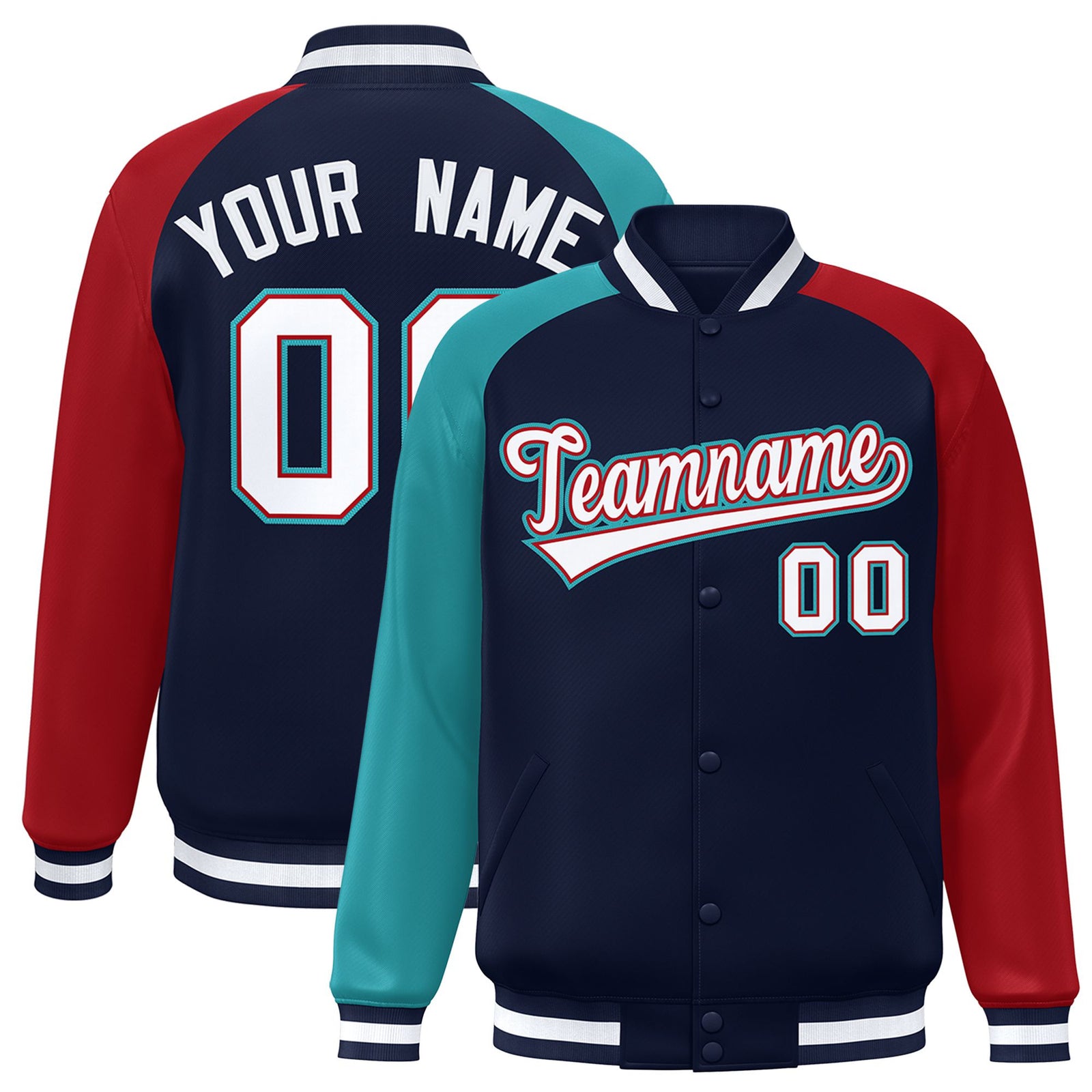 Custom Navy Red-Aqua Raglan Sleeves Varsity Full-Snap Letterman Jacket