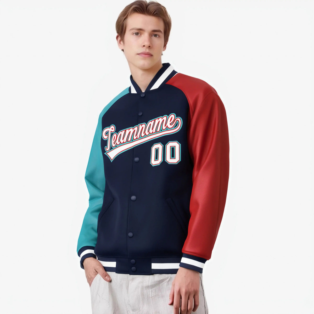 Custom Navy Red-Aqua Raglan Sleeves Varsity Full-Snap Letterman Jacket