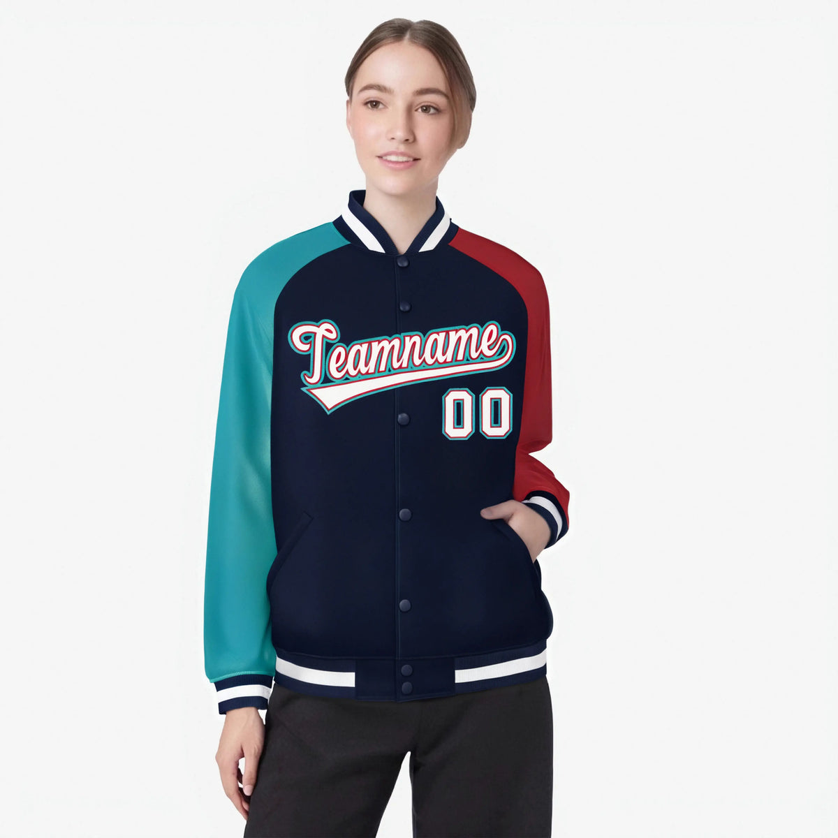 Custom Navy Red-Aqua Raglan Sleeves Varsity Full-Snap Letterman Jacket
