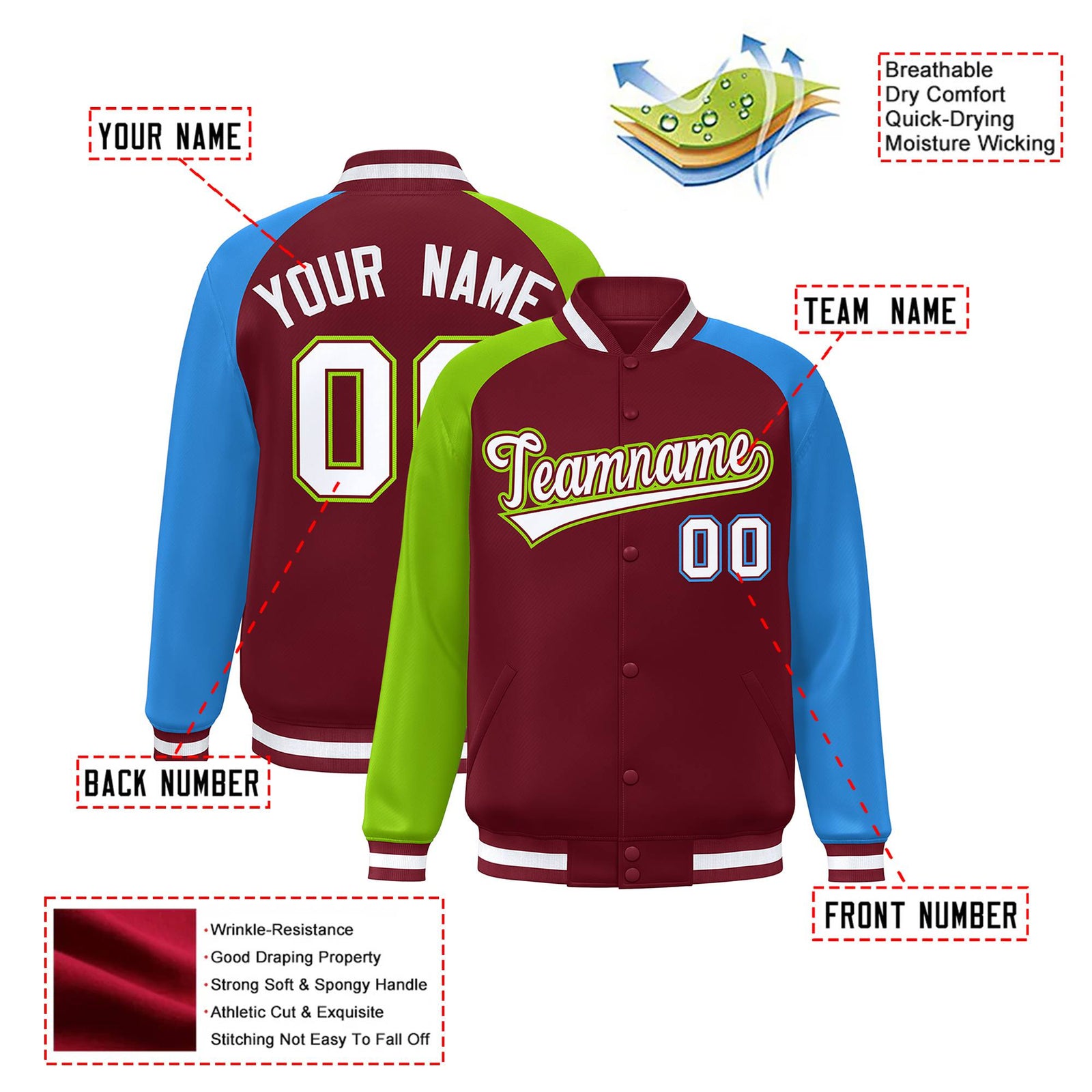 Custom Crimson Neon Green-Powder Blue Raglan Sleeves Varsity Full-Snap Letterman Jacket