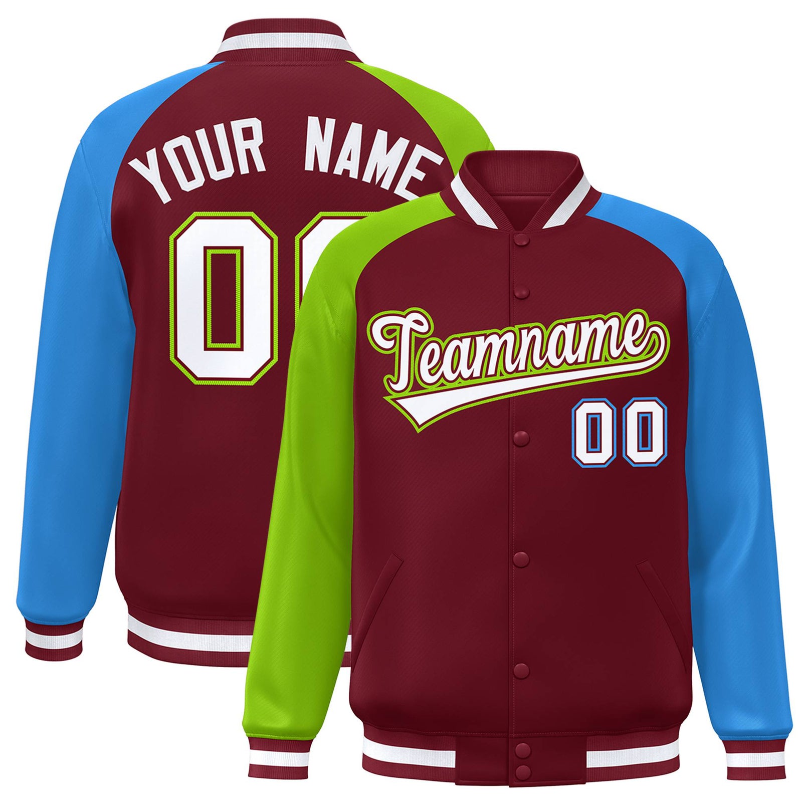 Custom Crimson Neon Green-Powder Blue Raglan Sleeves Varsity Full-Snap Letterman Jacket