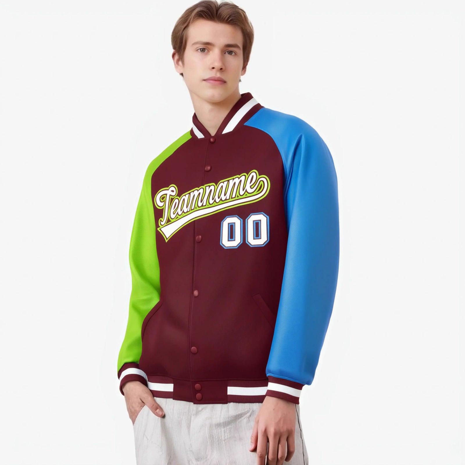 Custom Crimson Neon Green-Powder Blue Raglan Sleeves Varsity Full-Snap Letterman Jacket