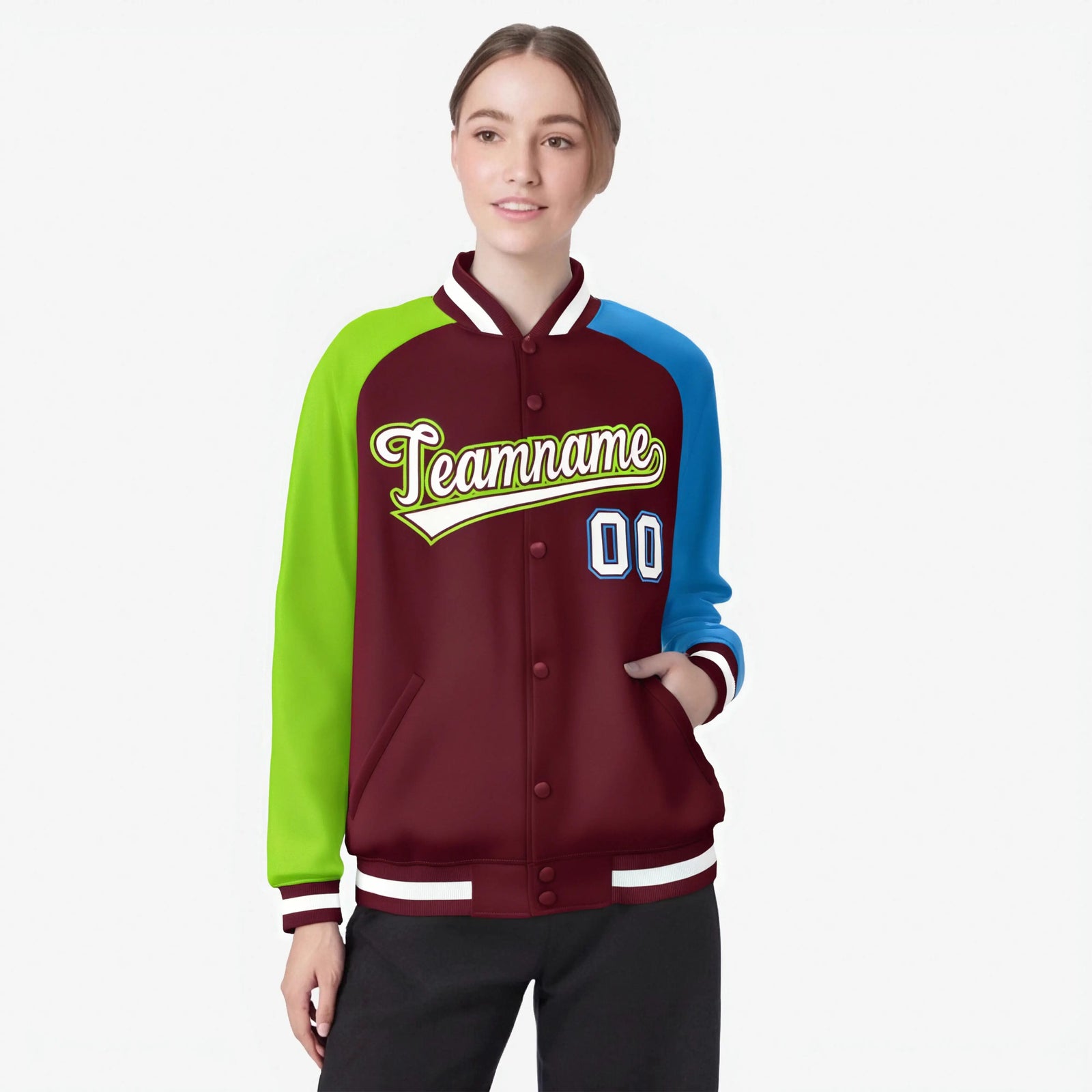 Custom Crimson Neon Green-Powder Blue Raglan Sleeves Varsity Full-Snap Letterman Jacket