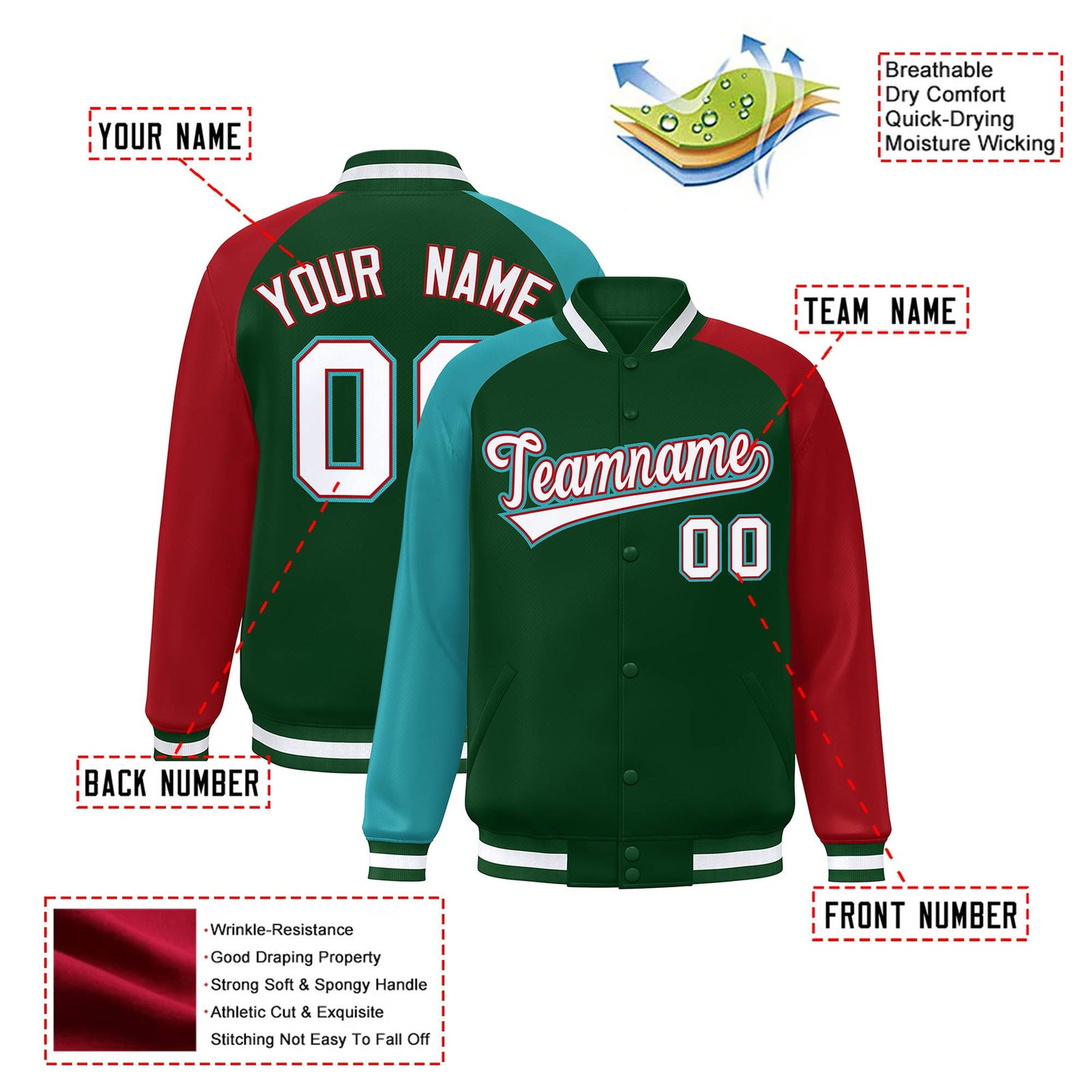 Custom Green Red-Aqua Raglan Sleeves Varsity Full-Snap Letterman Jacket