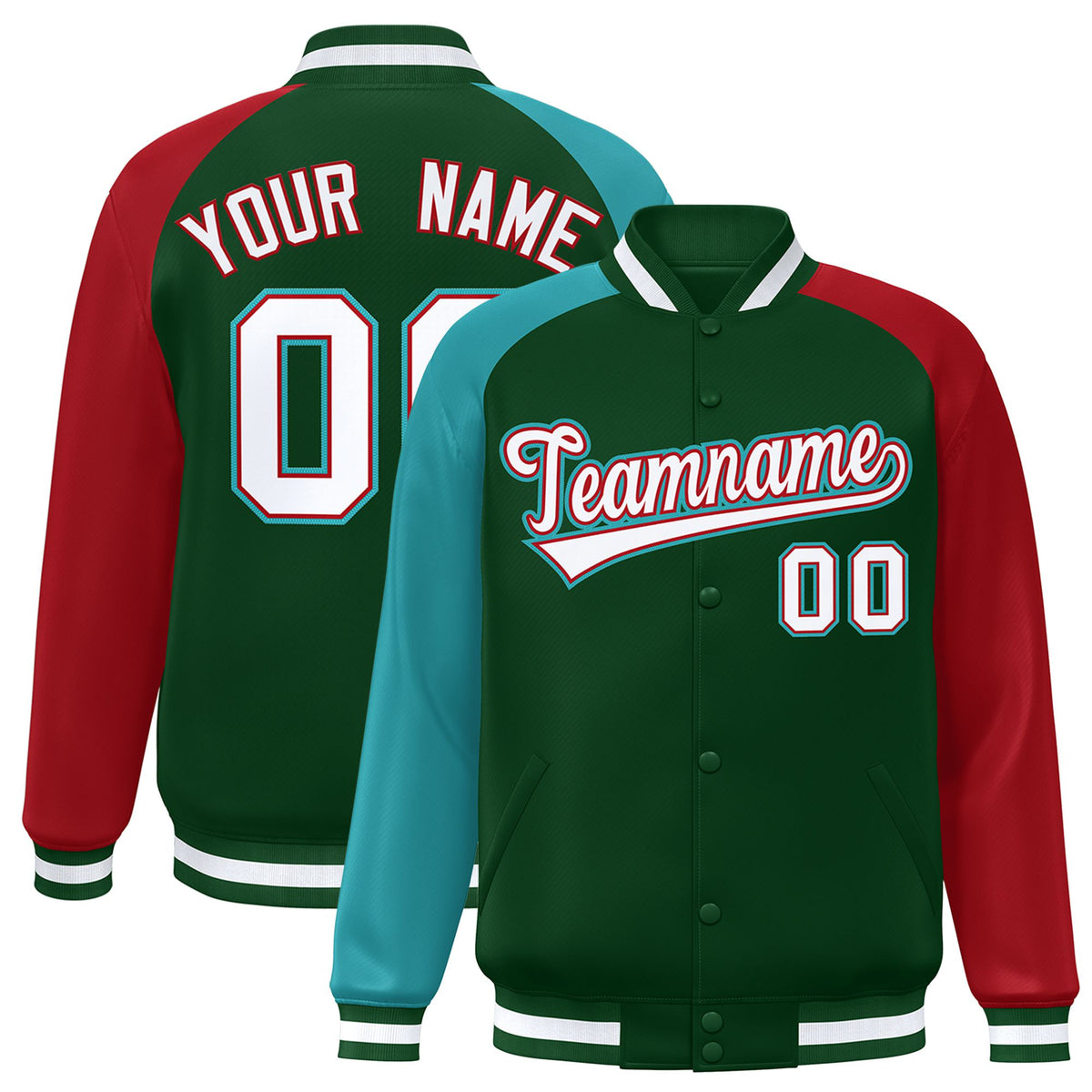 Custom Green Red-Aqua Raglan Sleeves Varsity Full-Snap Letterman Jacket