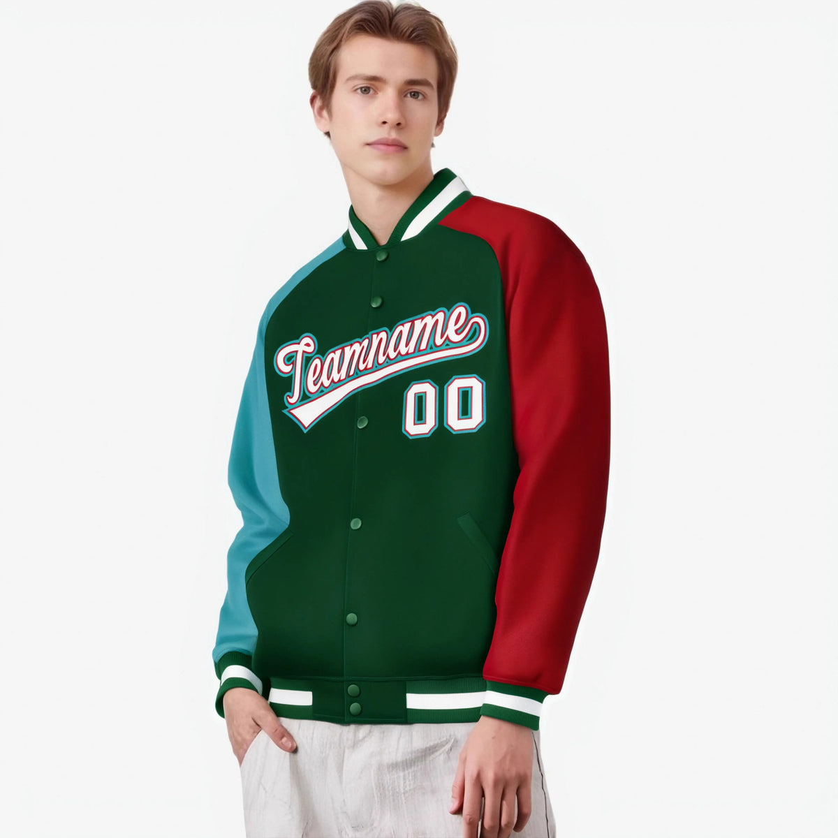 Custom Green Red-Aqua Raglan Sleeves Varsity Full-Snap Letterman Jacket