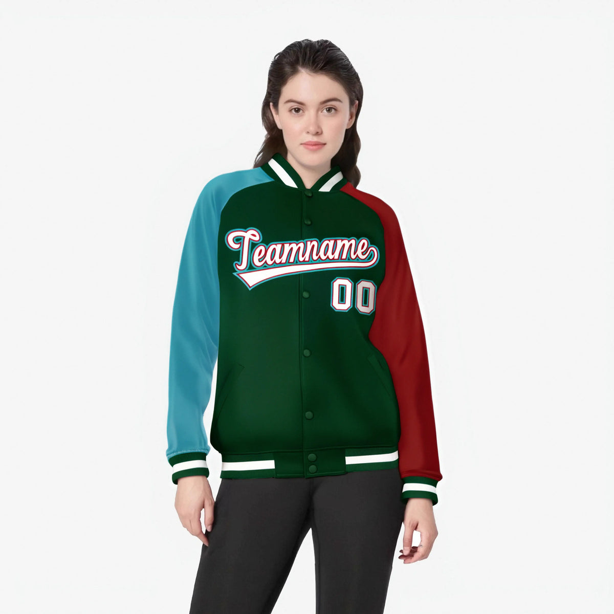 Custom Green Red-Aqua Raglan Sleeves Varsity Full-Snap Letterman Jacket