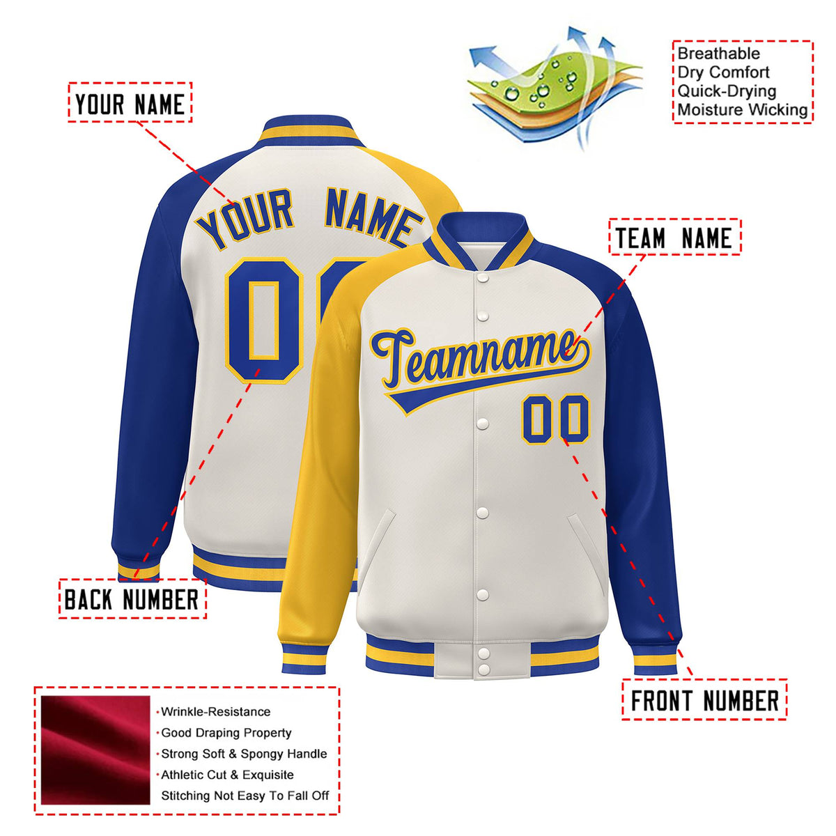 Custom Cream Royal Blue-Gold Raglan Sleeves Varsity Full-Snap Letterman Jacket