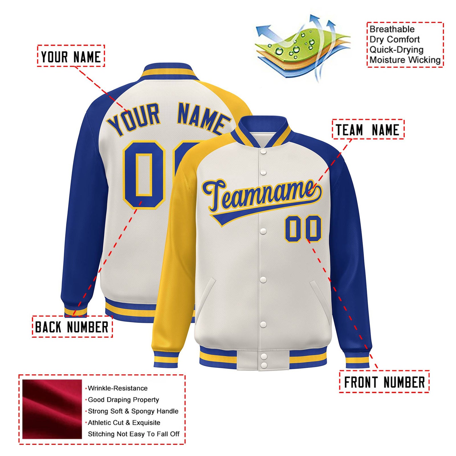 Custom Cream Royal Blue-Gold Raglan Sleeves Varsity Full-Snap Letterman Jacket