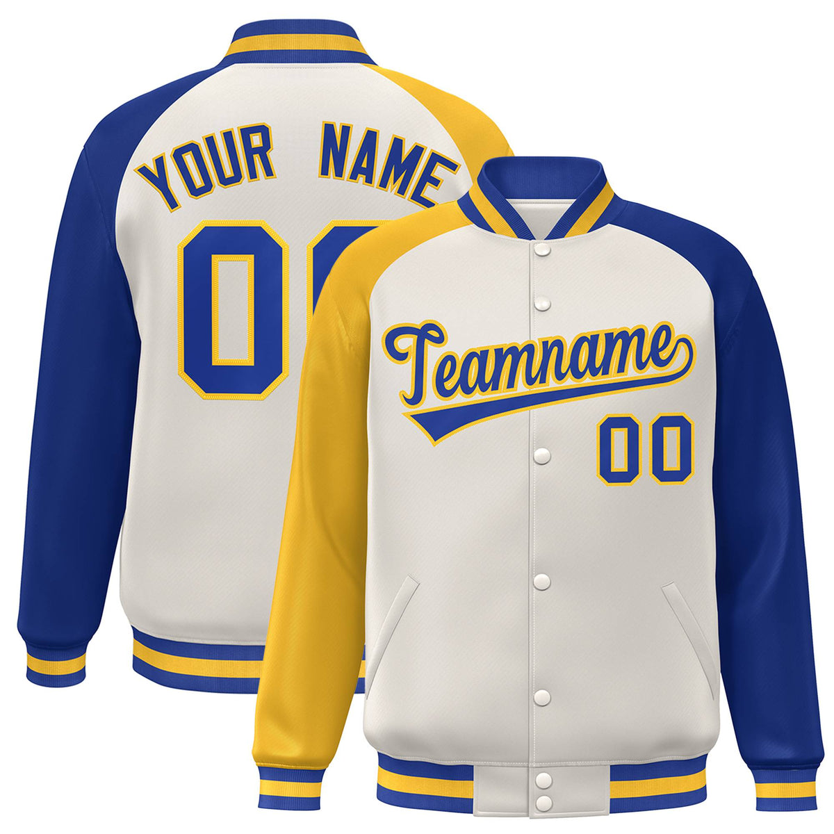 Custom Cream Royal Blue-Gold Raglan Sleeves Varsity Full-Snap Letterman Jacket