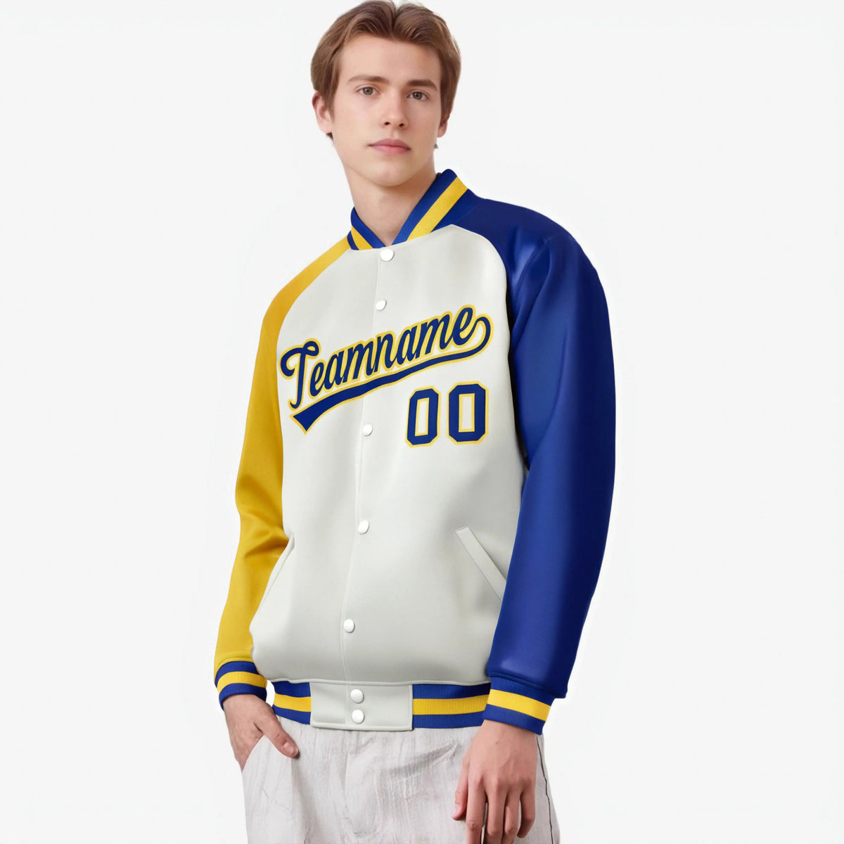Custom Cream Royal Blue-Gold Raglan Sleeves Varsity Full-Snap Letterman Jacket