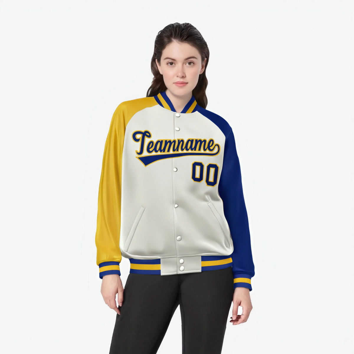 Custom Cream Royal Blue-Gold Raglan Sleeves Varsity Full-Snap Letterman Jacket