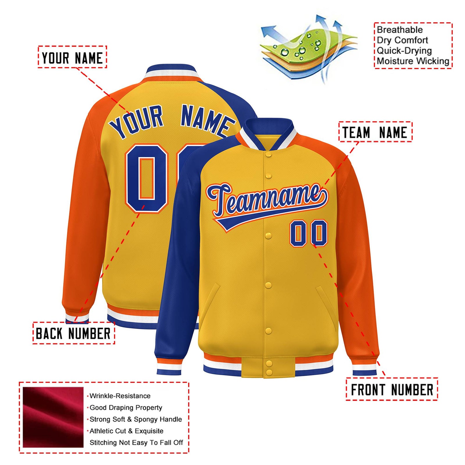 Custom Gold Orange-Royal Blue Raglan Sleeves Varsity Full-Snap Letterman Jacket