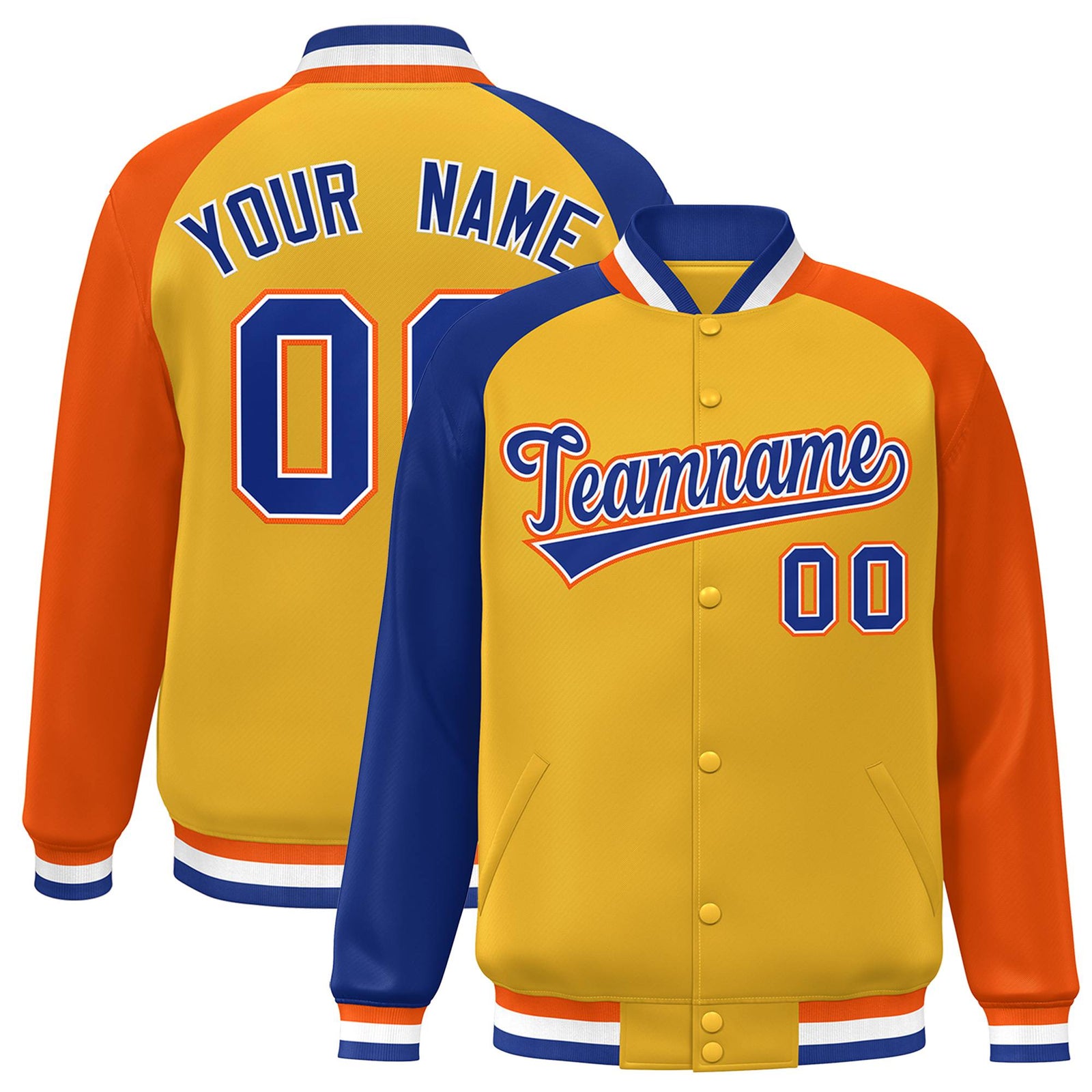 Custom Gold Orange-Royal Blue Raglan Sleeves Varsity Full-Snap Letterman Jacket
