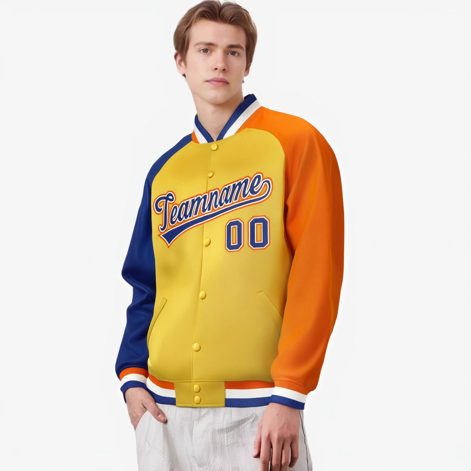 Custom Gold Orange-Royal Blue Raglan Sleeves Varsity Full-Snap Letterman Jacket