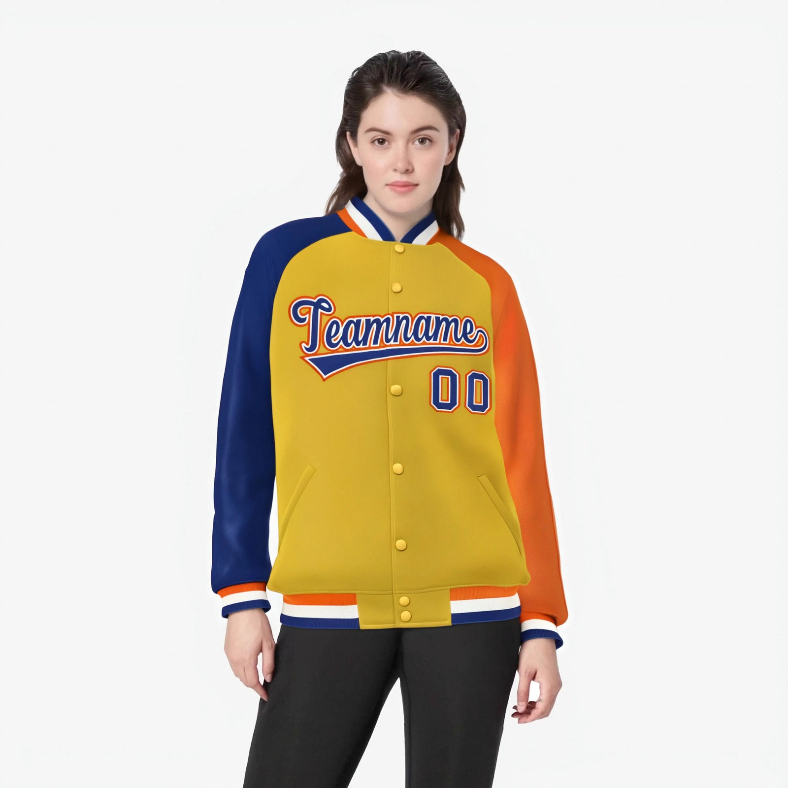 Custom Gold Orange-Royal Blue Raglan Sleeves Varsity Full-Snap Letterman Jacket