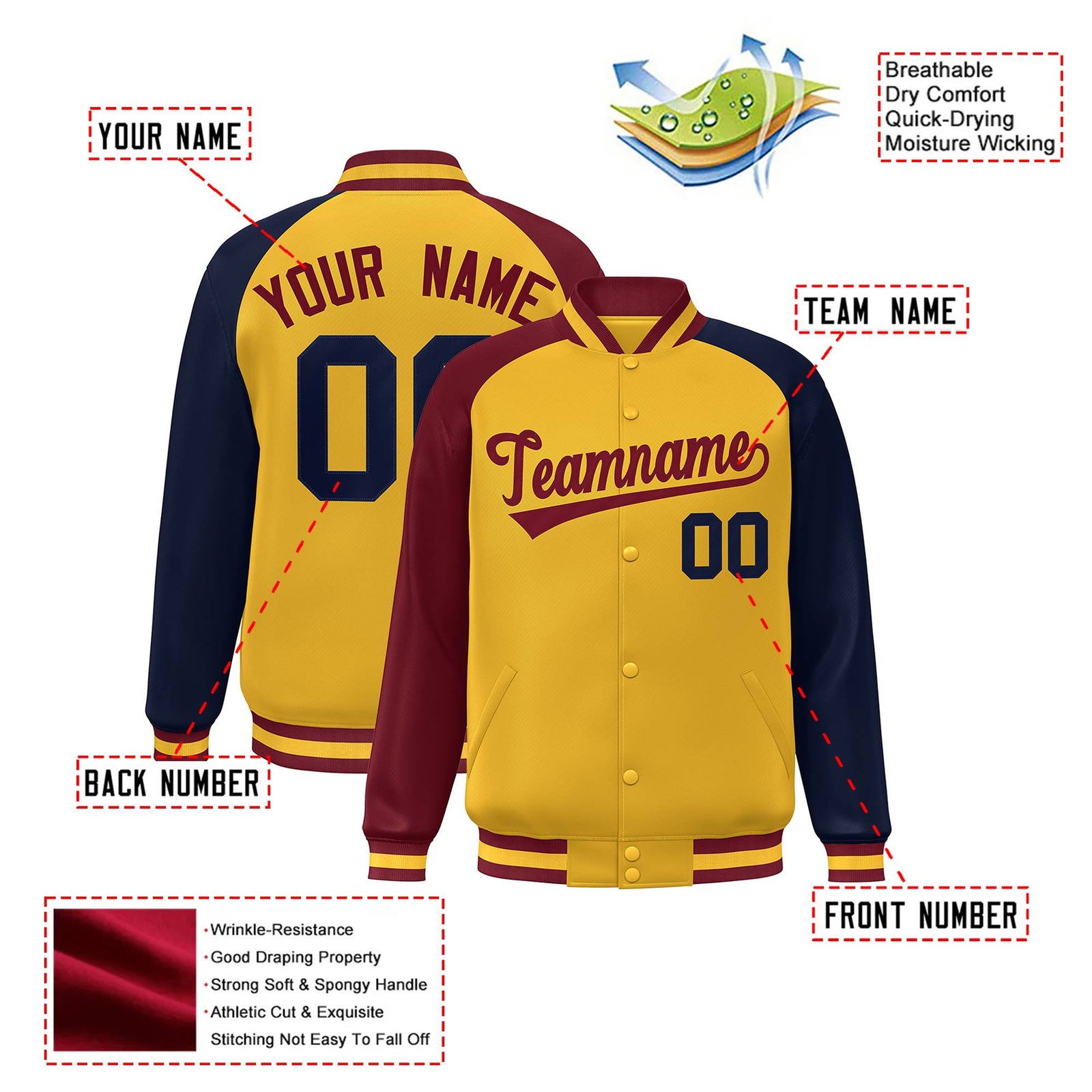Custom Gold Navy-Crimson Raglan Sleeves Varsity Full-Snap Letterman Jacket