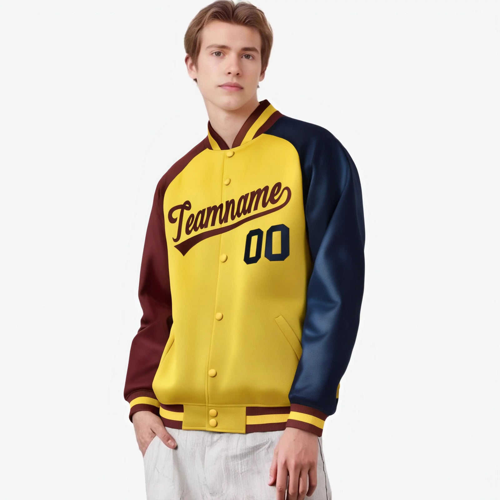 Custom Gold Navy-Crimson Raglan Sleeves Varsity Full-Snap Letterman Jacket