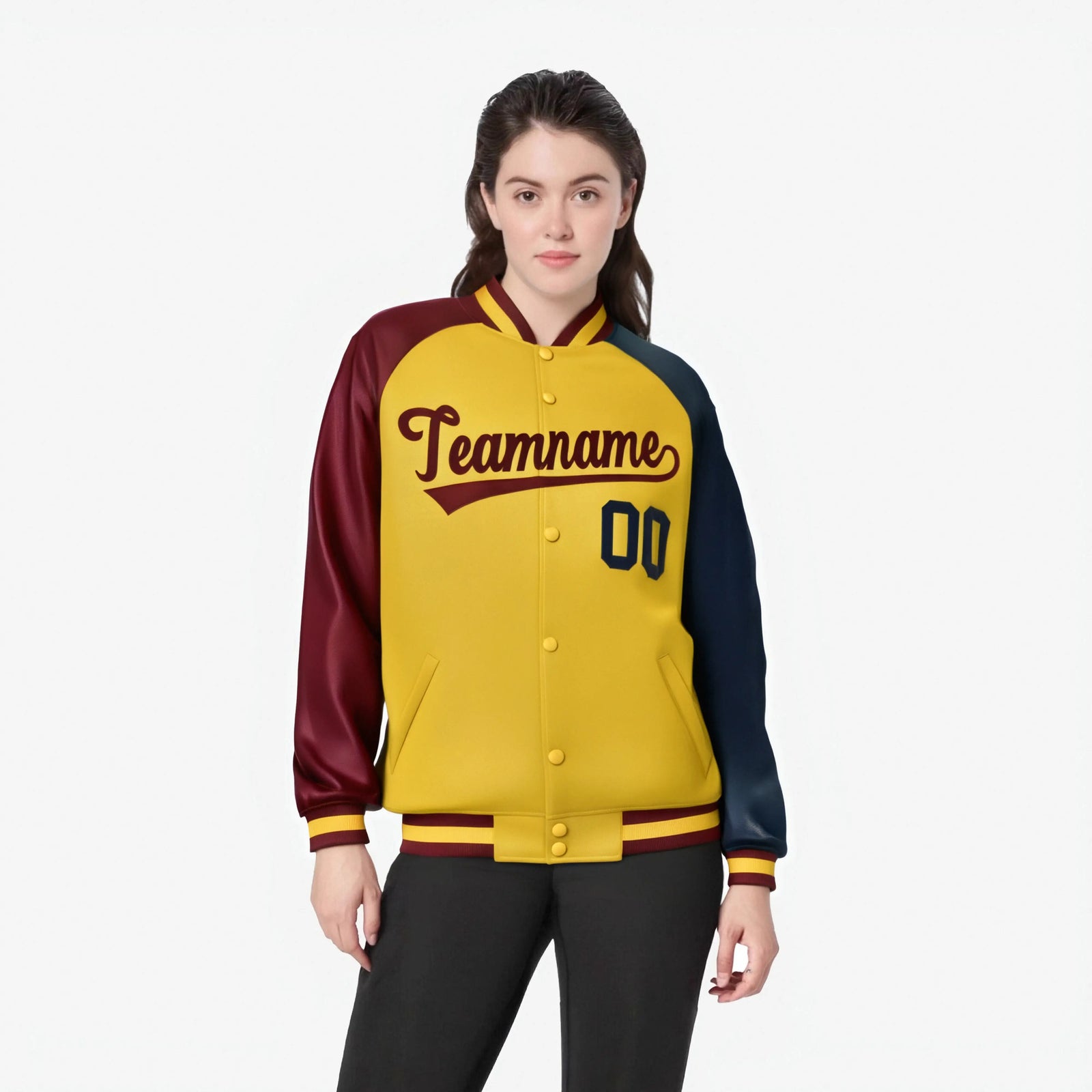 Custom Gold Navy-Crimson Raglan Sleeves Varsity Full-Snap Letterman Jacket