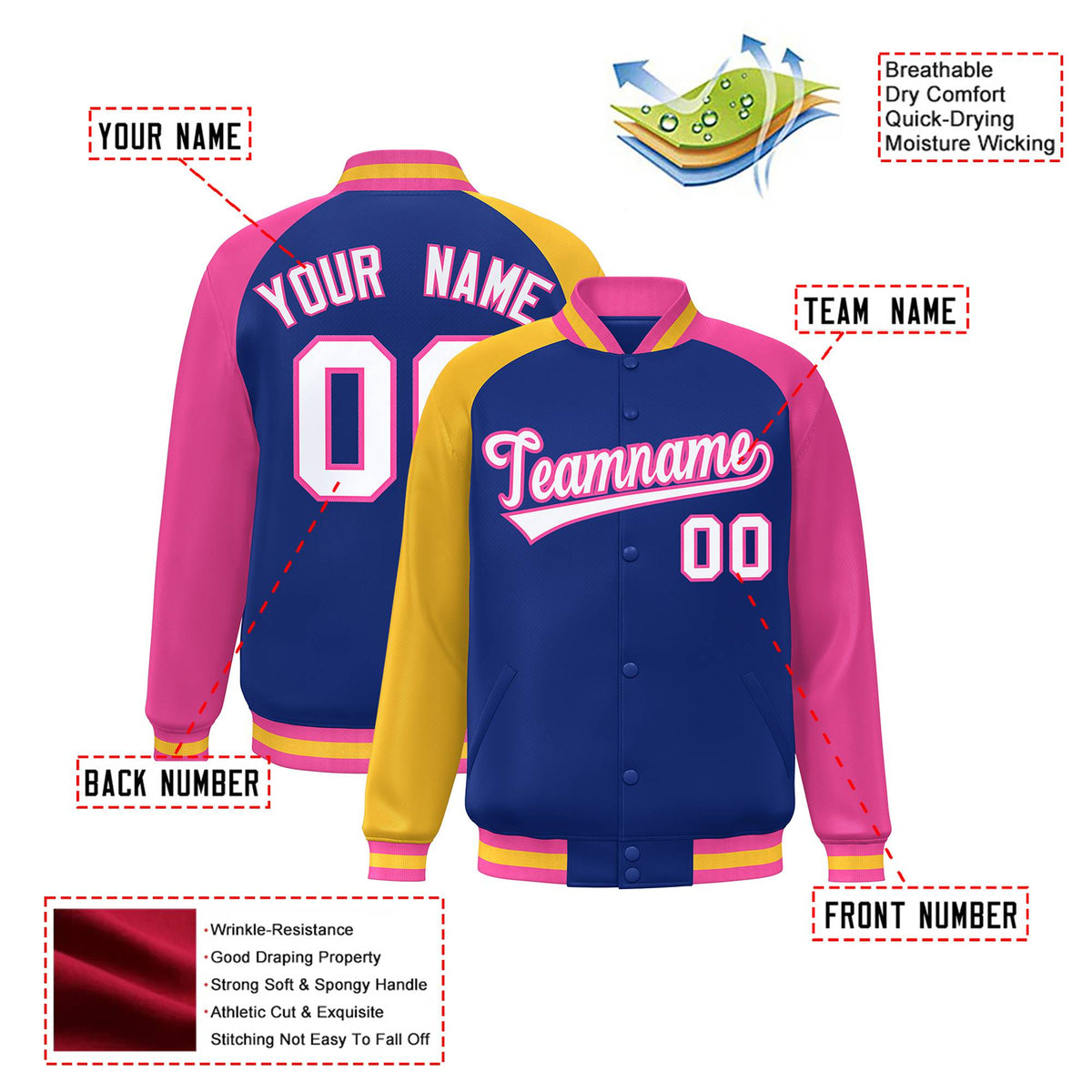 Custom Royal Blue Pink-Gold Raglan Sleeves Varsity Full-Snap Letterman Jacket
