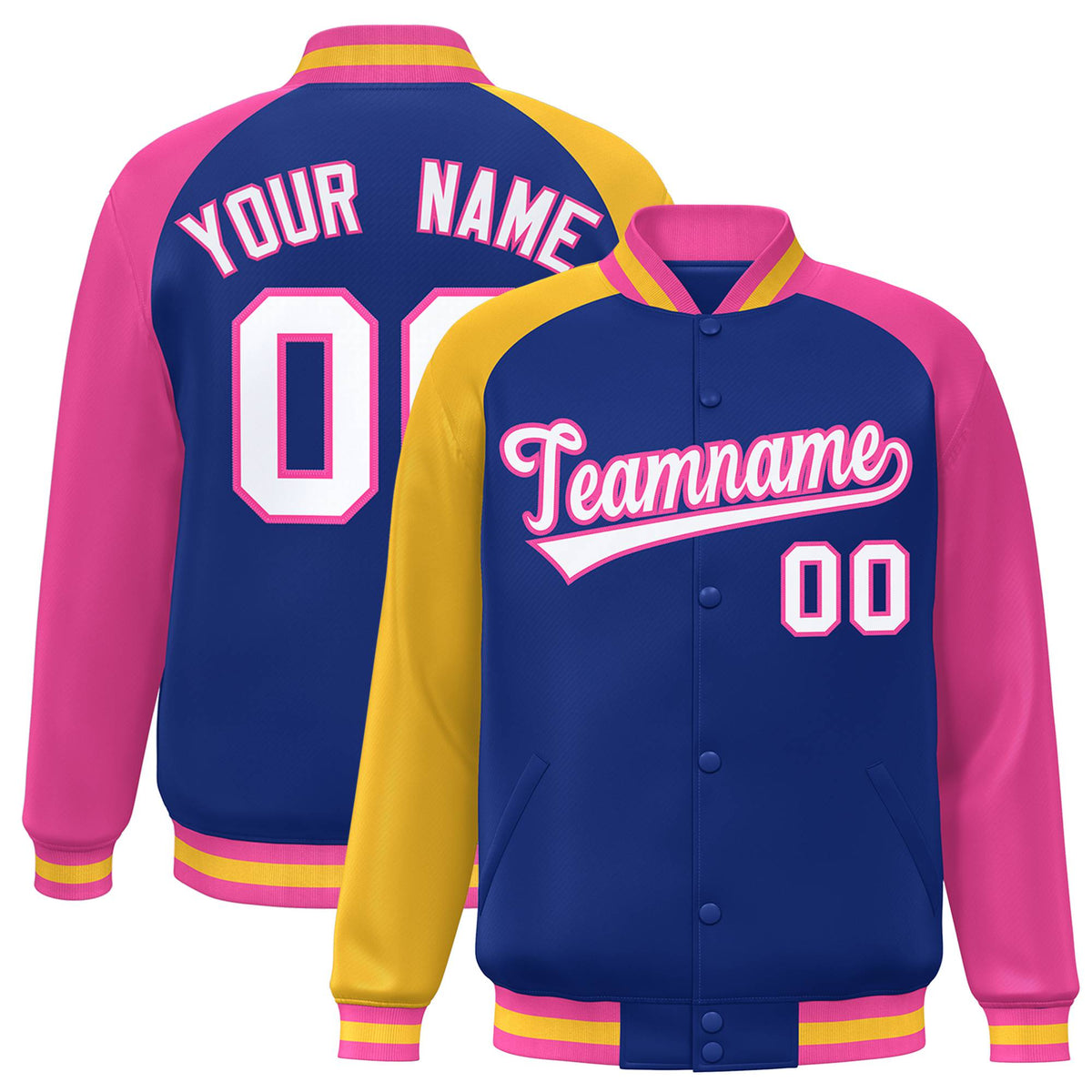 Custom Royal Blue Pink-Gold Raglan Sleeves Varsity Full-Snap Letterman Jacket