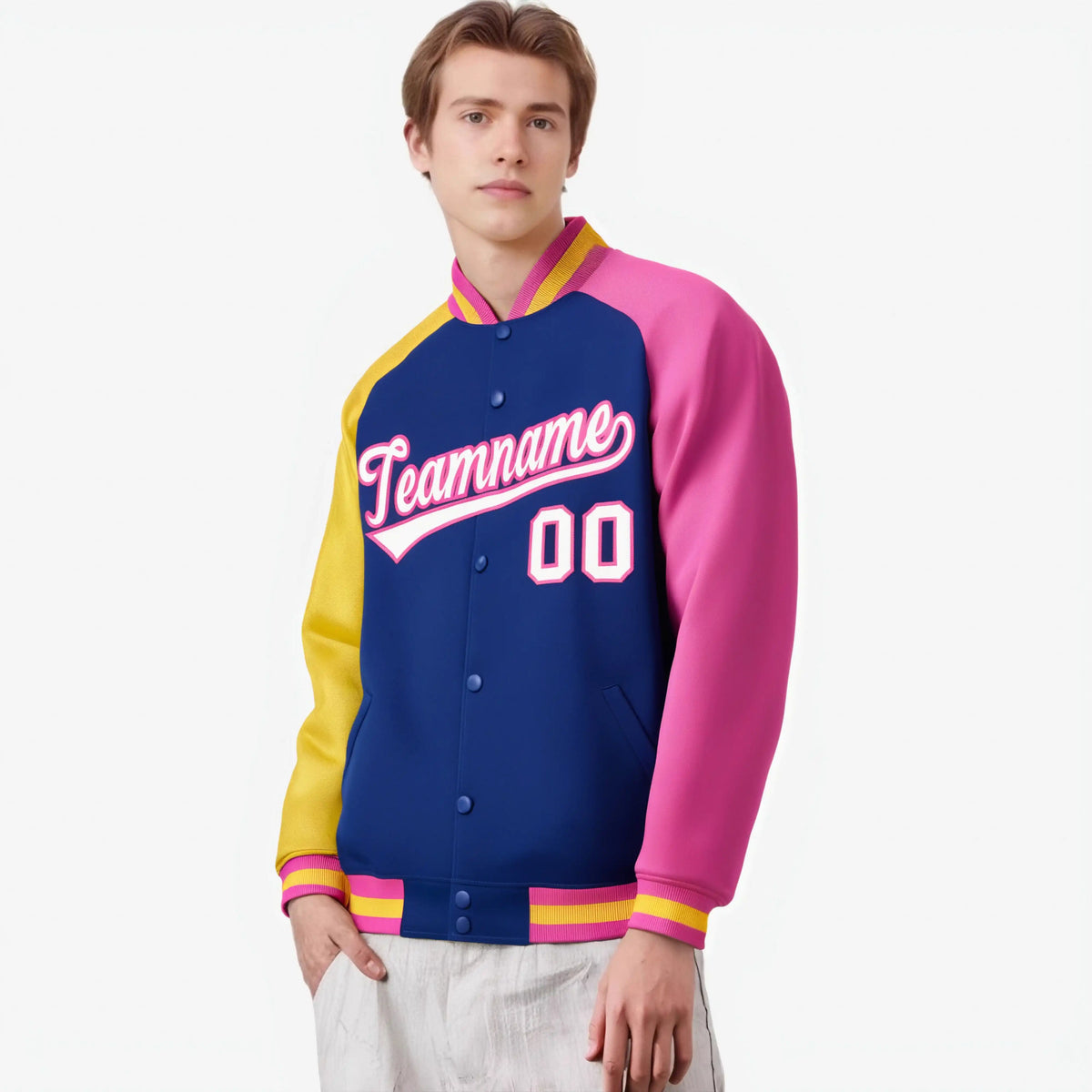 Custom Royal Blue Pink-Gold Raglan Sleeves Varsity Full-Snap Letterman Jacket