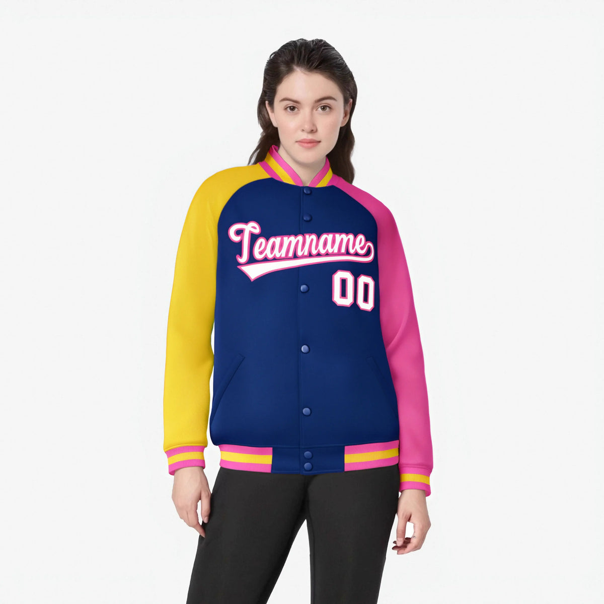 Custom Royal Blue Pink-Gold Raglan Sleeves Varsity Full-Snap Letterman Jacket