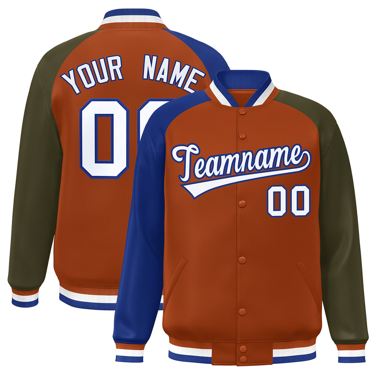 Custom Munsell Olive-Royal Blue Raglan Sleeves Varsity Full-Snap Letterman Jacket