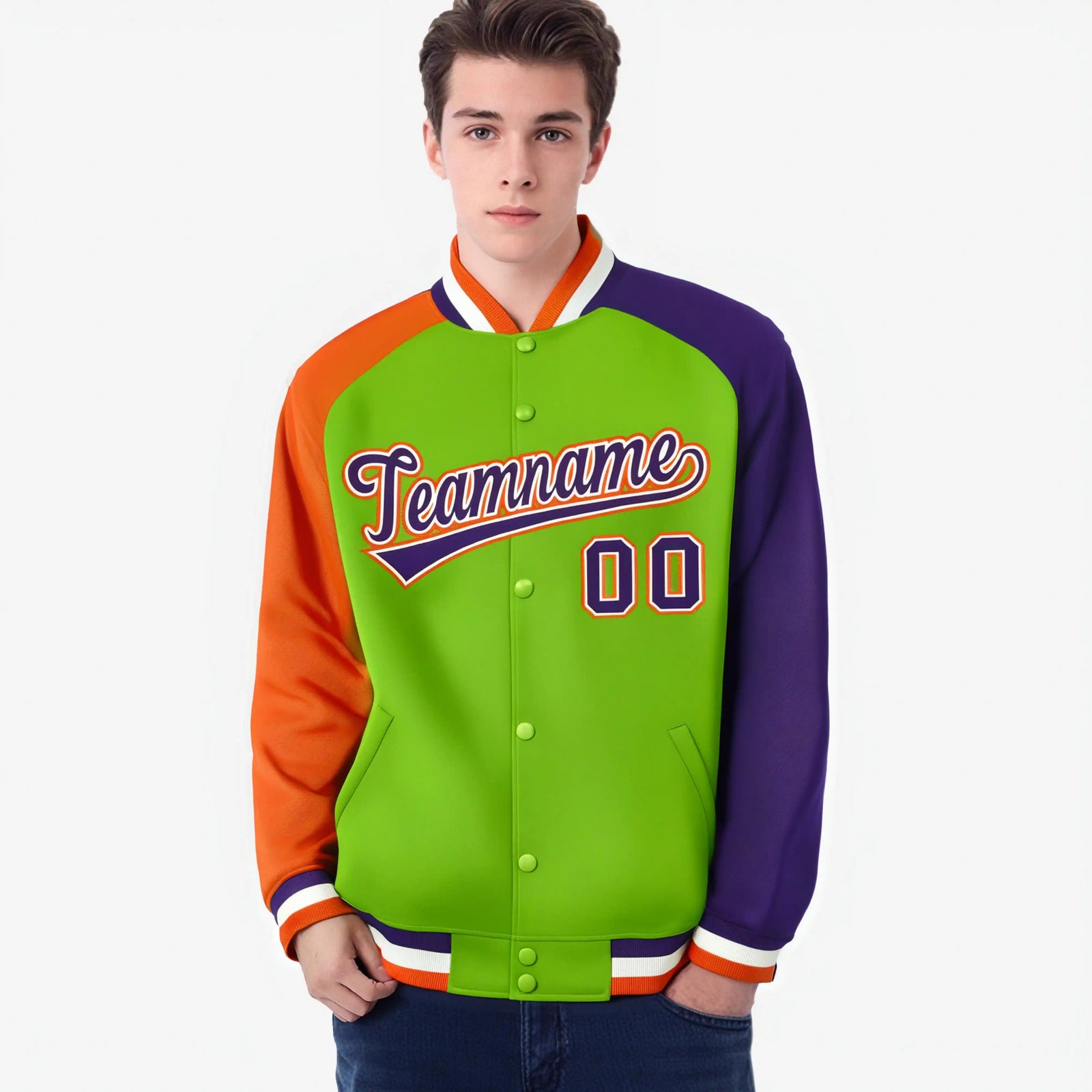 Custom Neon Green Purple-Orange Raglan Sleeves Varsity Full-Snap Letterman Jacket