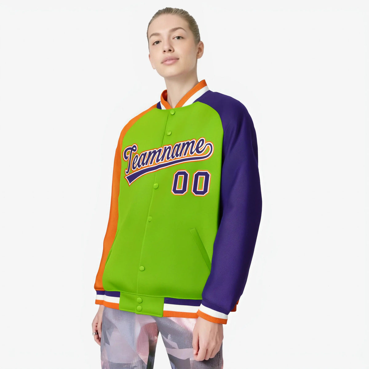 Custom Neon Green Purple-Orange Raglan Sleeves Varsity Full-Snap Letterman Jacket