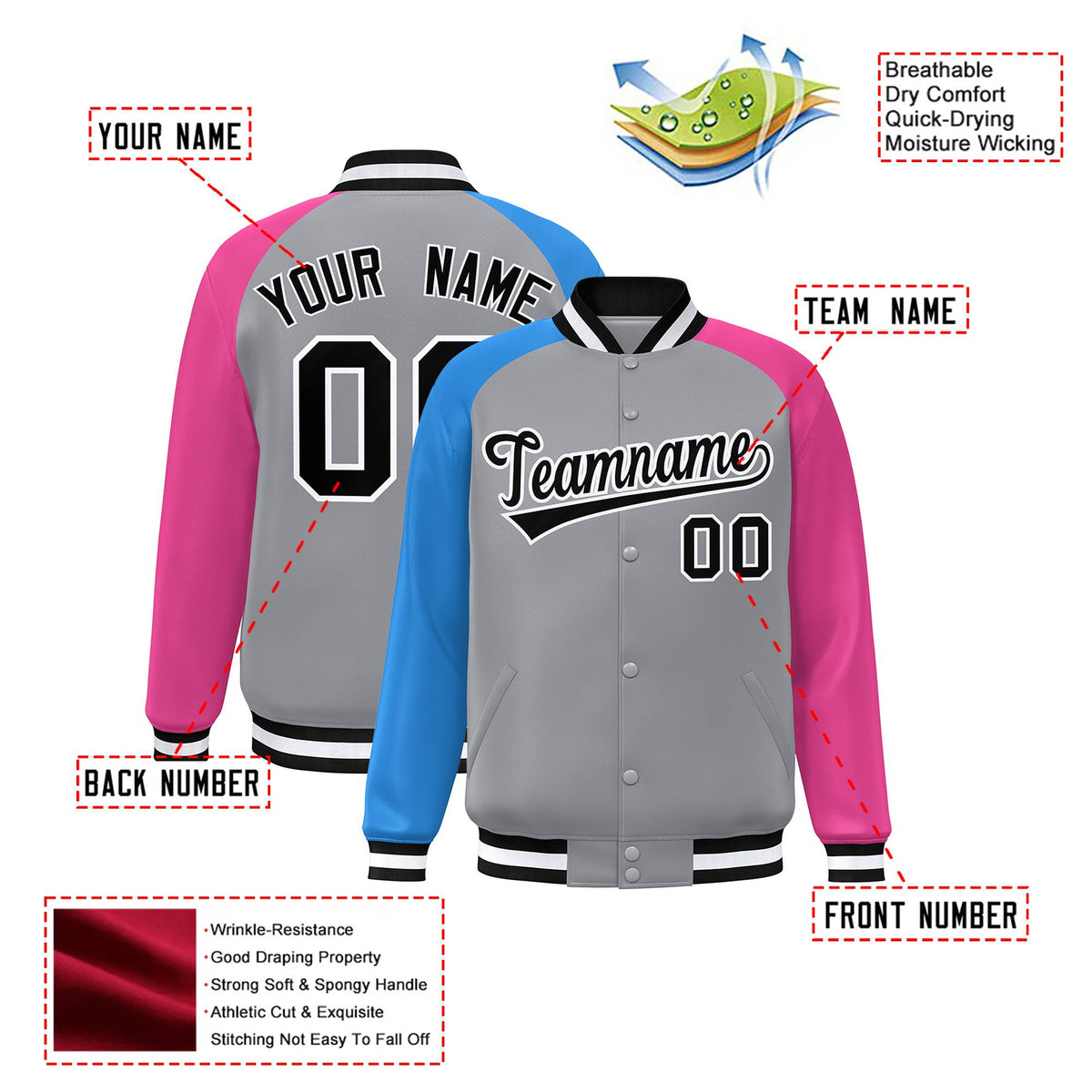 Custom Gray Pink-Powder Blue Raglan Sleeves Varsity Full-Snap Letterman Jacket
