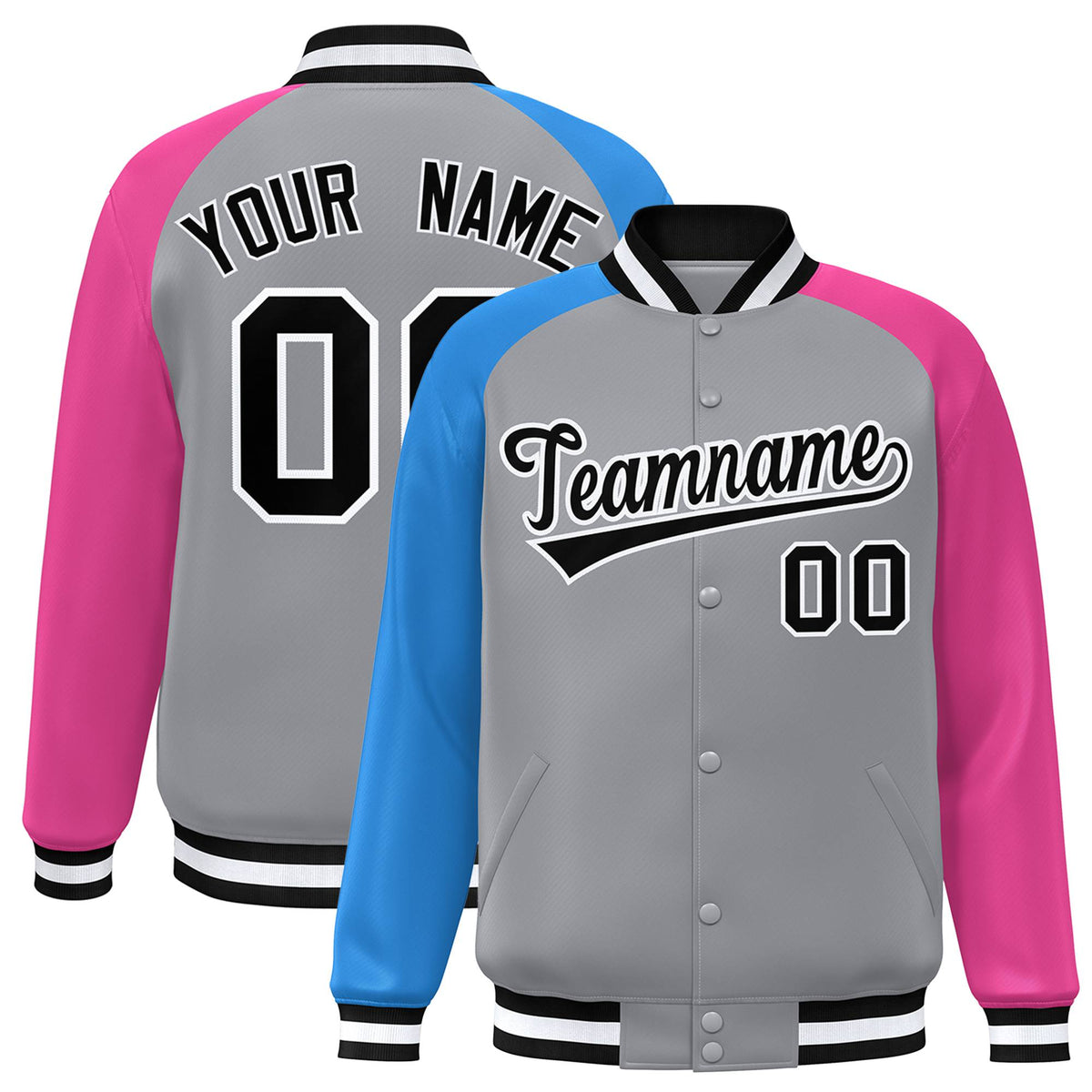 Custom Gray Pink-Powder Blue Raglan Sleeves Varsity Full-Snap Letterman Jacket