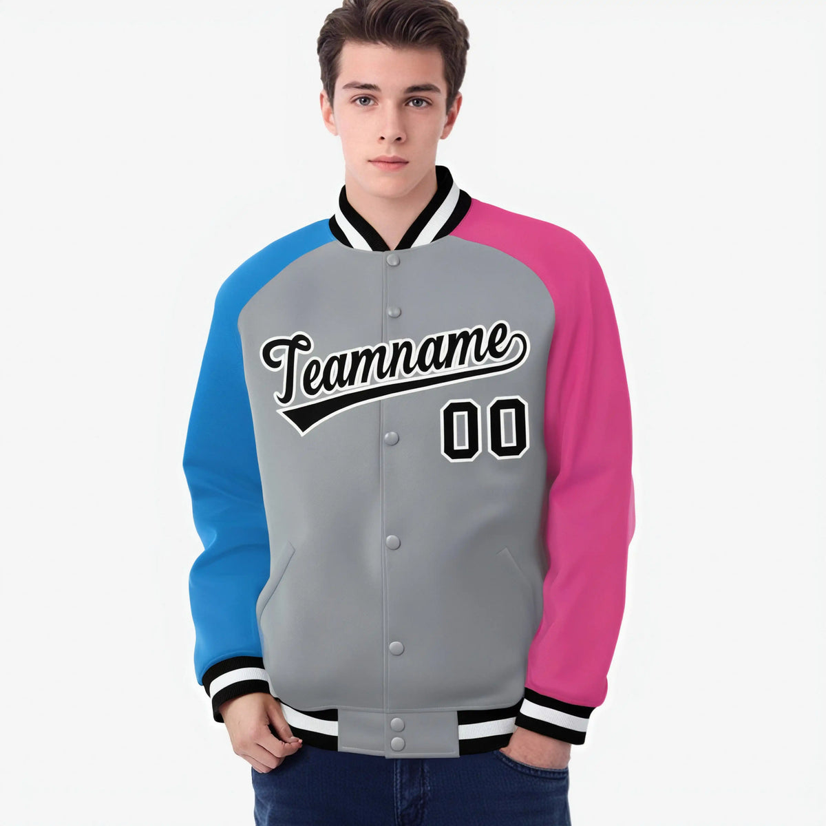 Custom Gray Pink-Powder Blue Raglan Sleeves Varsity Full-Snap Letterman Jacket