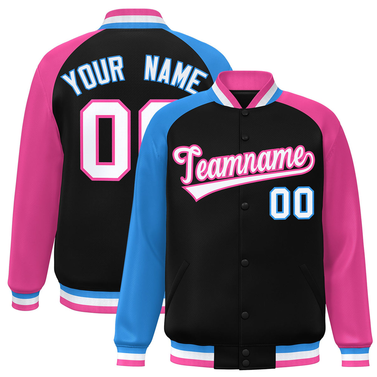 Custom Black Pink-Powder Blue Raglan Sleeves Varsity Full-Snap Letterman Jacket