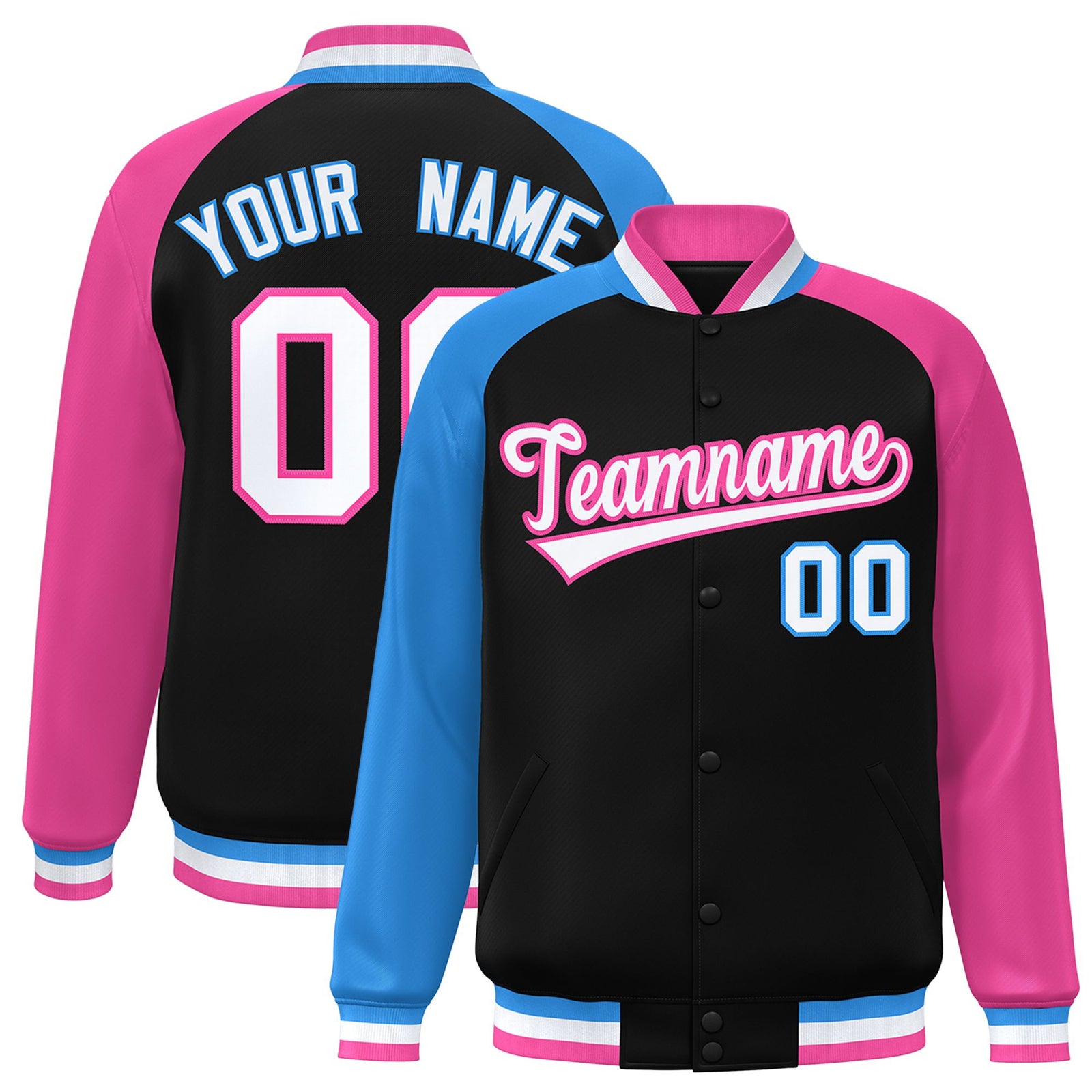 Custom Black Pink-Powder Blue Raglan Sleeves Varsity Full-Snap Letterman Jacket