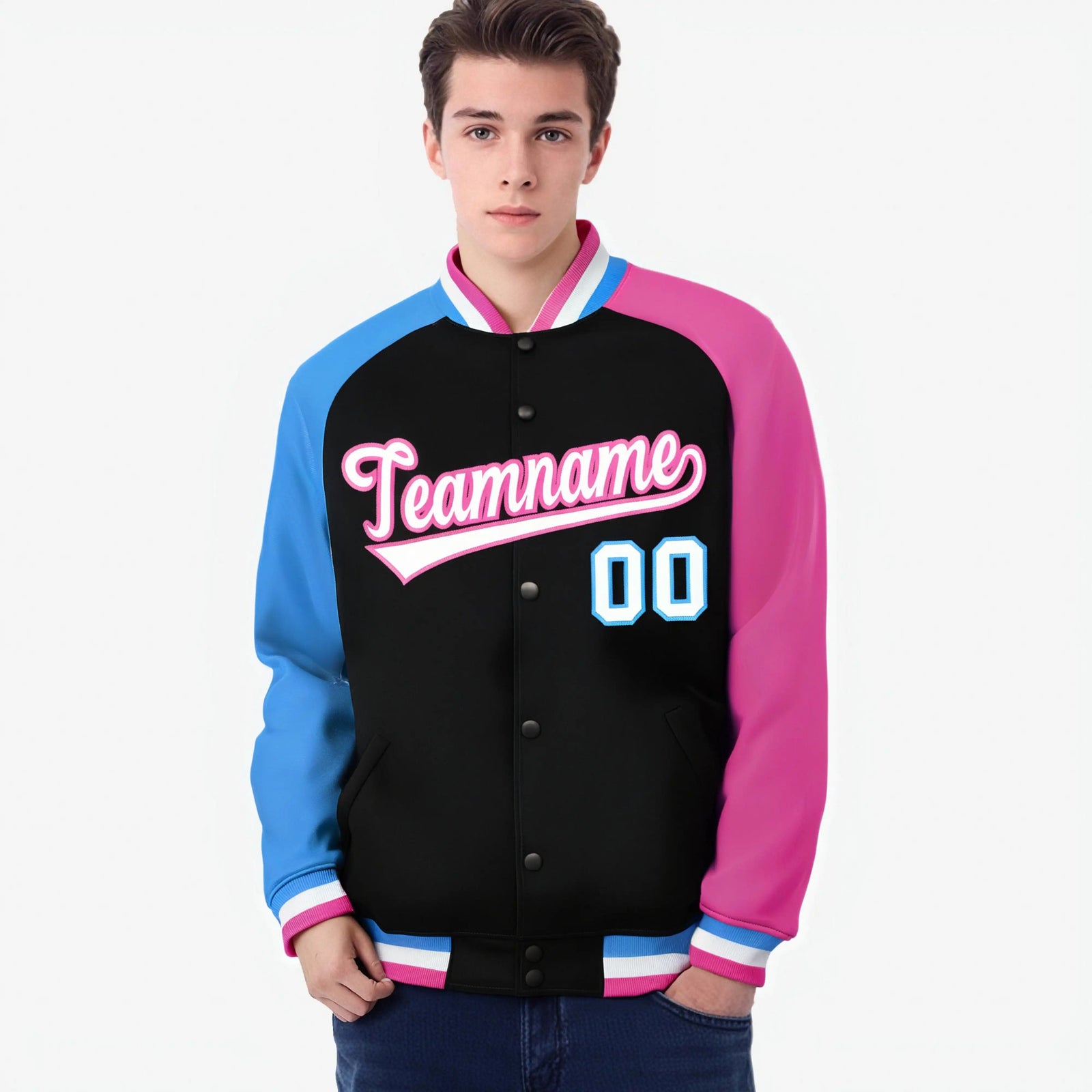 Custom Black Pink-Powder Blue Raglan Sleeves Varsity Full-Snap Letterman Jacket