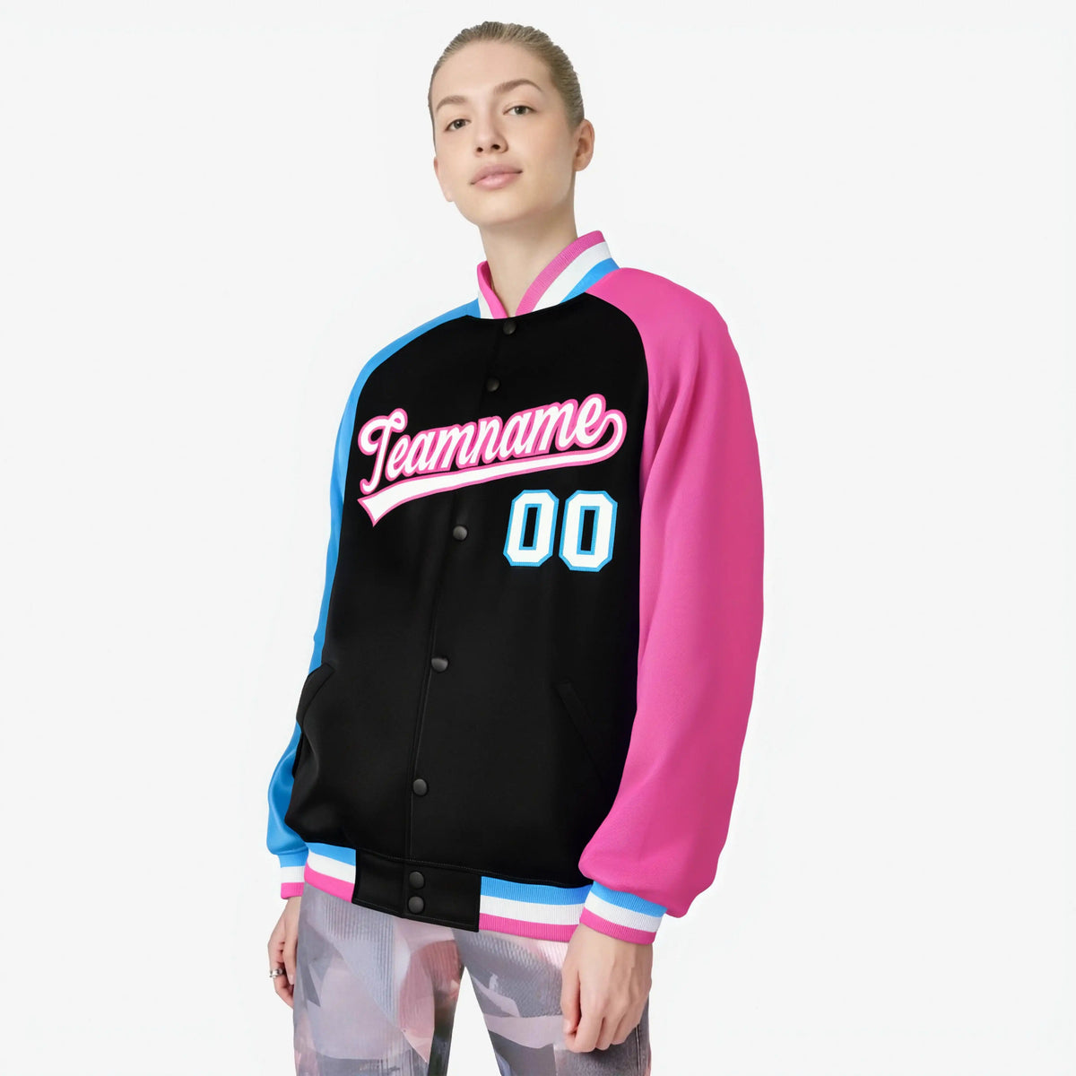Custom Black Pink-Powder Blue Raglan Sleeves Varsity Full-Snap Letterman Jacket